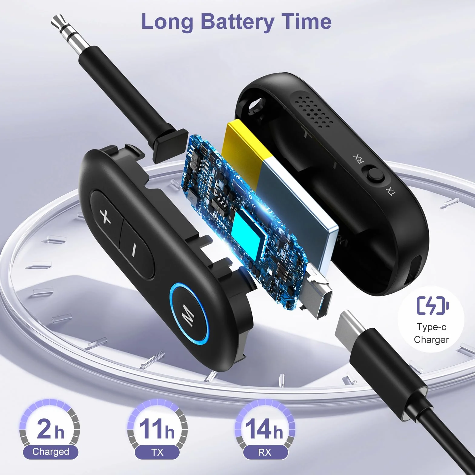 Nadajnik-odbiornik Bluetooth 5.3, adapter słuchawkowy bezprzewodowy AUX, redukcja szumów, 14h odtwarzania