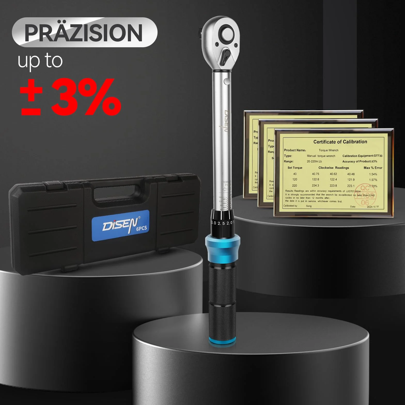 DISEN 3-częściowy zestaw kluczy dynamometrycznych – 1/2" 3/8" 1/4" – 40 – 230 Nm, 20-120 Nm, 2-24 Nm – dokładność błędu ±3% – 72 zęby z grzechotką dwustronną – do samochodu, motocykla, roweru