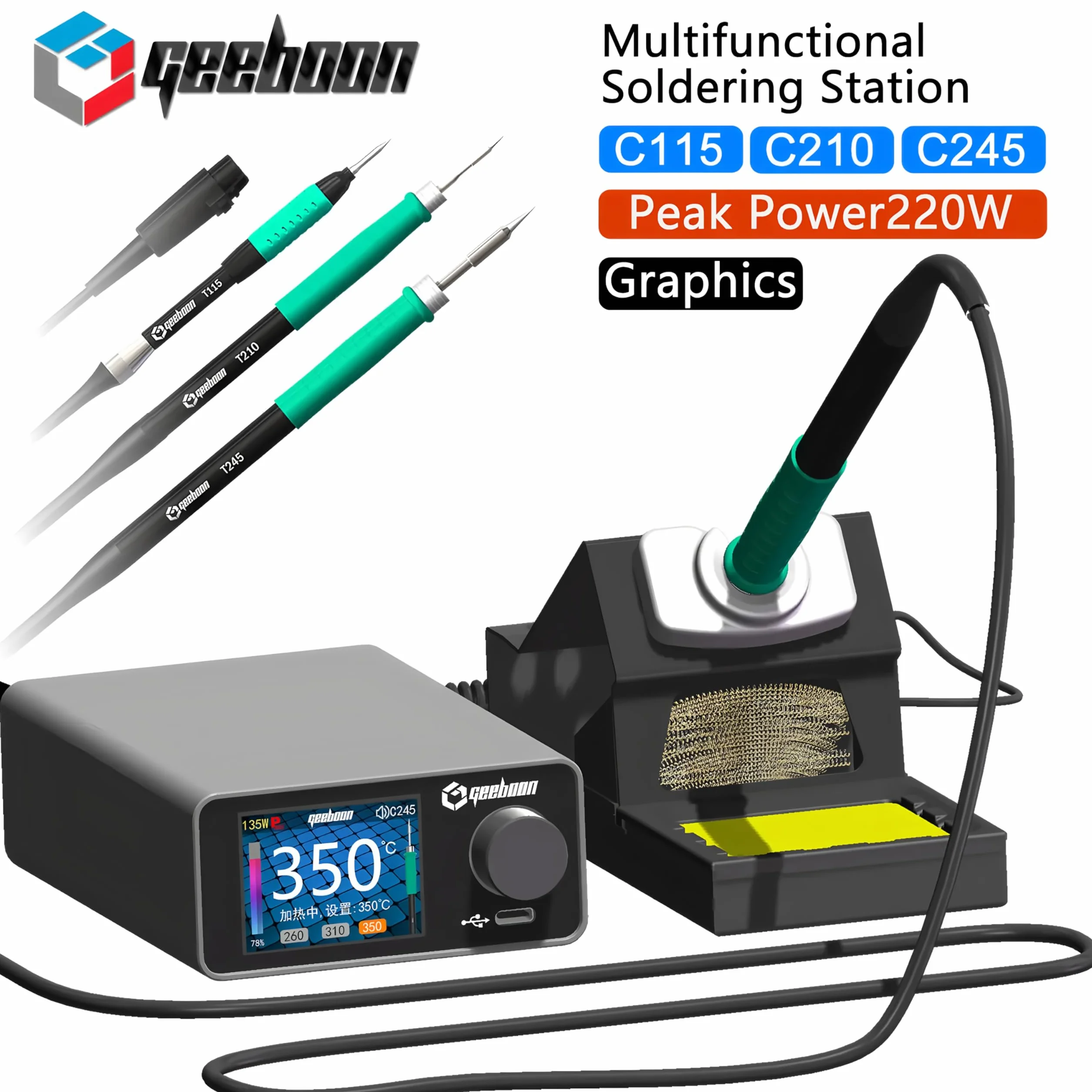 GEEBOON 220W TC22 Stacja lutownicza Kompatybilna z końcówką lutowniczą 115/210/245/T12 Wyświetlacz krzywizny kolorowej stacji do poprawiania lutowania (TC22-SDC02 245KIT)