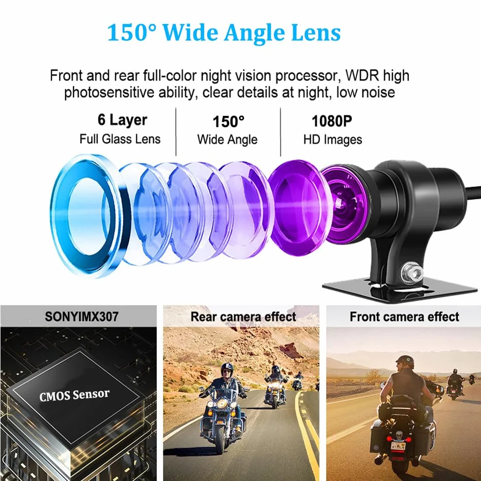 Vsystemo WiFi Motocyklowy tachograf HD 1080p wodoodporna kamera DVR Czarny