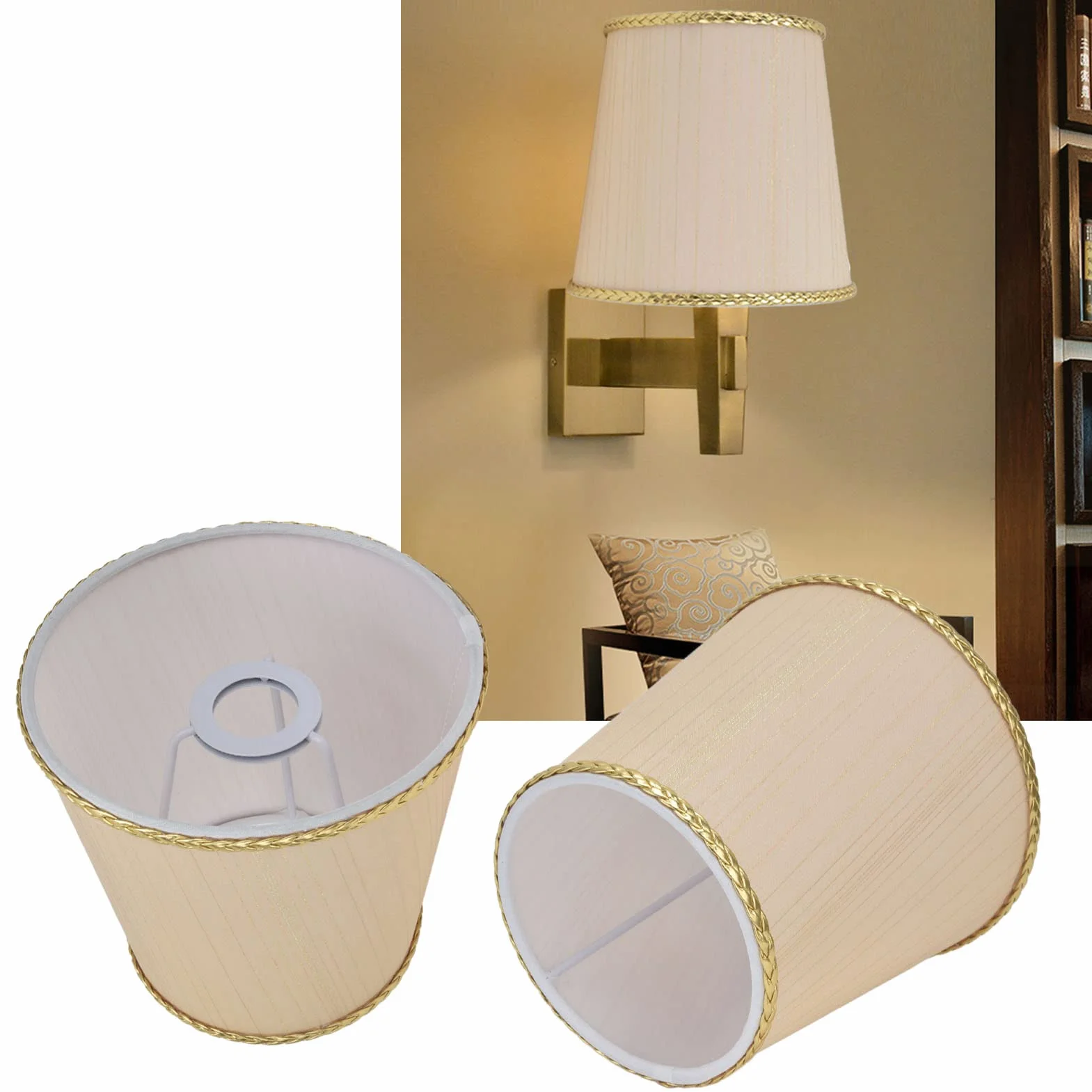 Mały Abażur, Materiałowy Abażur do Lampy Stołowej/podłogowej Mały Abażur Materiałowy Beżowy Abażur ze złotą krawędzią do Lampy Stołowej E14, Lampy Podłogowe