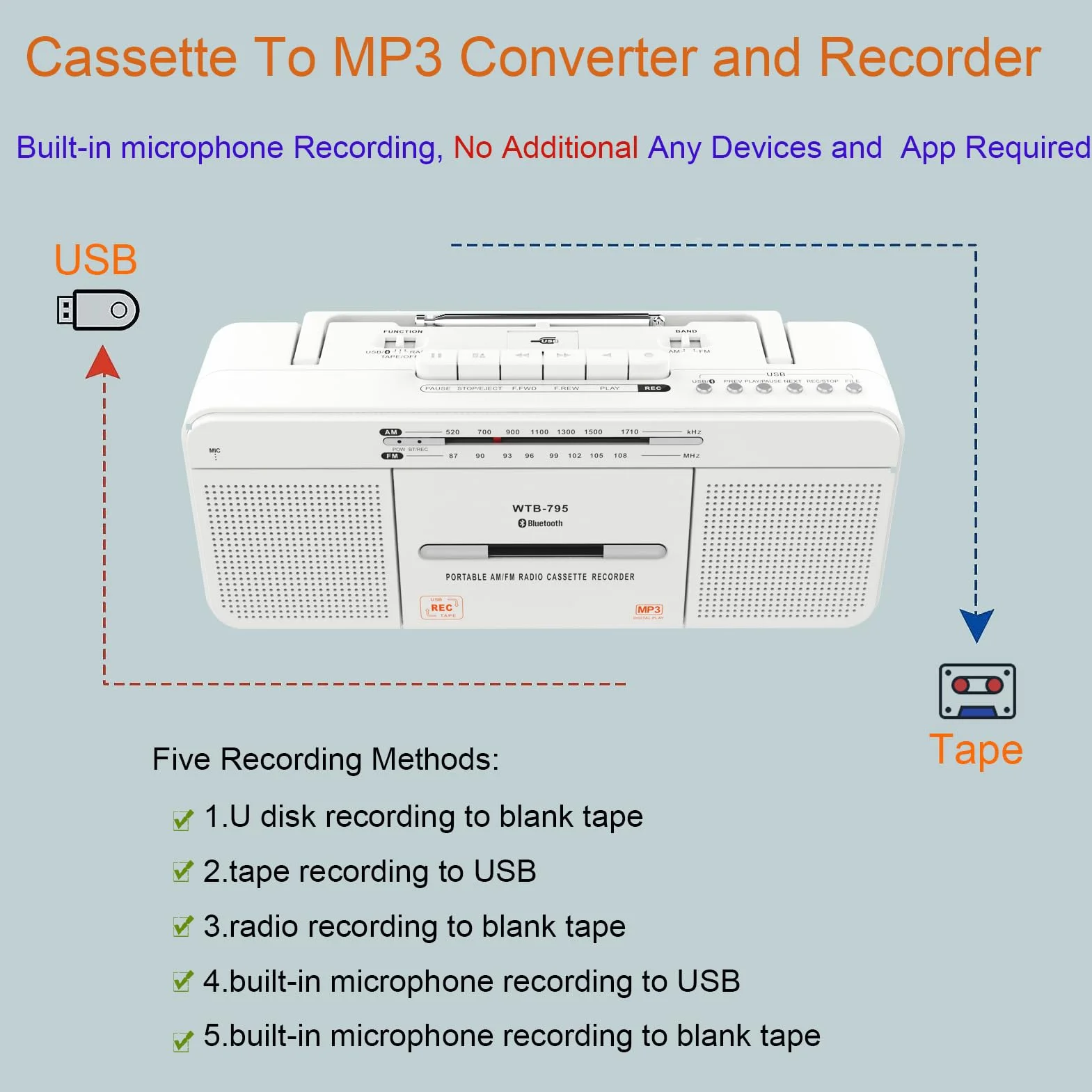 WISCENT Odtwarzacz kasetowy USB Bluetooth AM FM Radio stereo konwerter MP3 przenośny