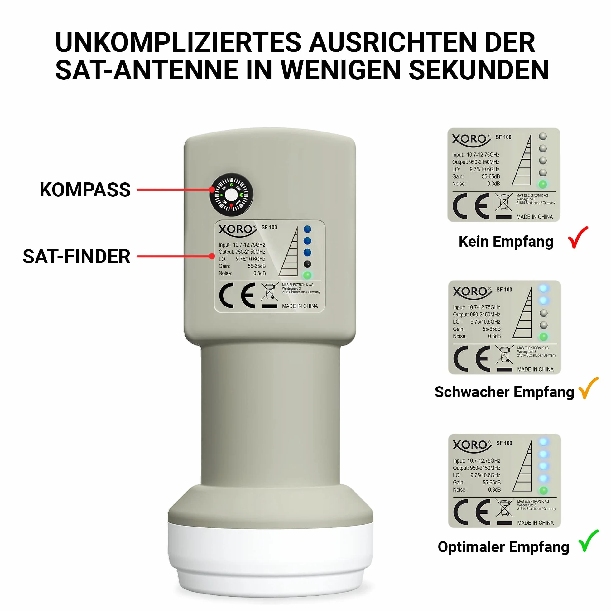XORO 38,5 cm kempingowa antena satelitarna MCA 38 HD, w zestawie odbiornik DVB-S2 FullHD, pojedynczy LNB ze zintegrowanym satfinderem, kablem 10 m, uchwytami, w twardej obudowie