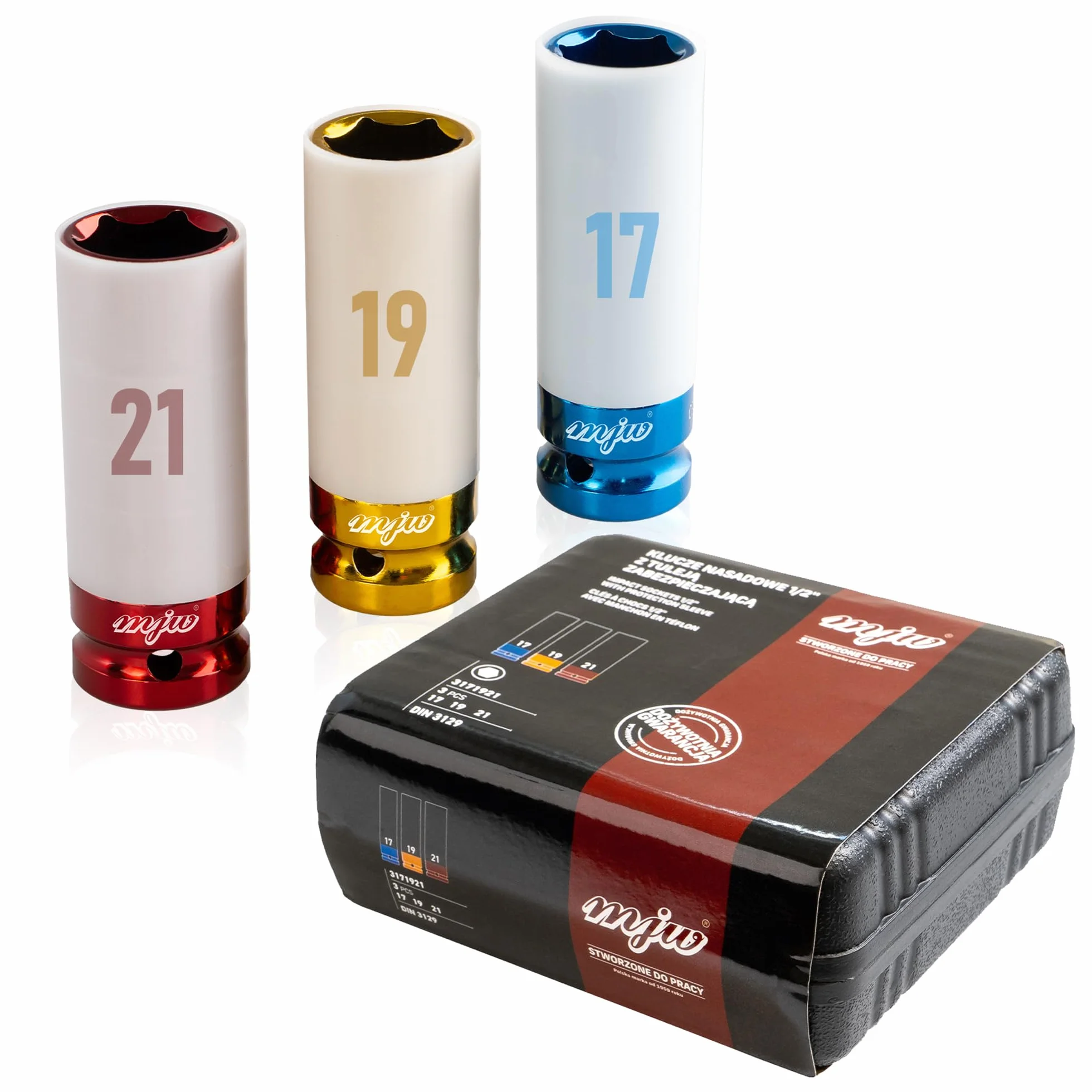 MJW Zestaw nasadek 1/2" 6-kąt z tuleją zabezpieczającą długie nasadki udarowe 1/2" 6-kąt długie 17 | 19 | 21 Stal Cr-Mo Mocny komplet nasadek rozmiary metryczne