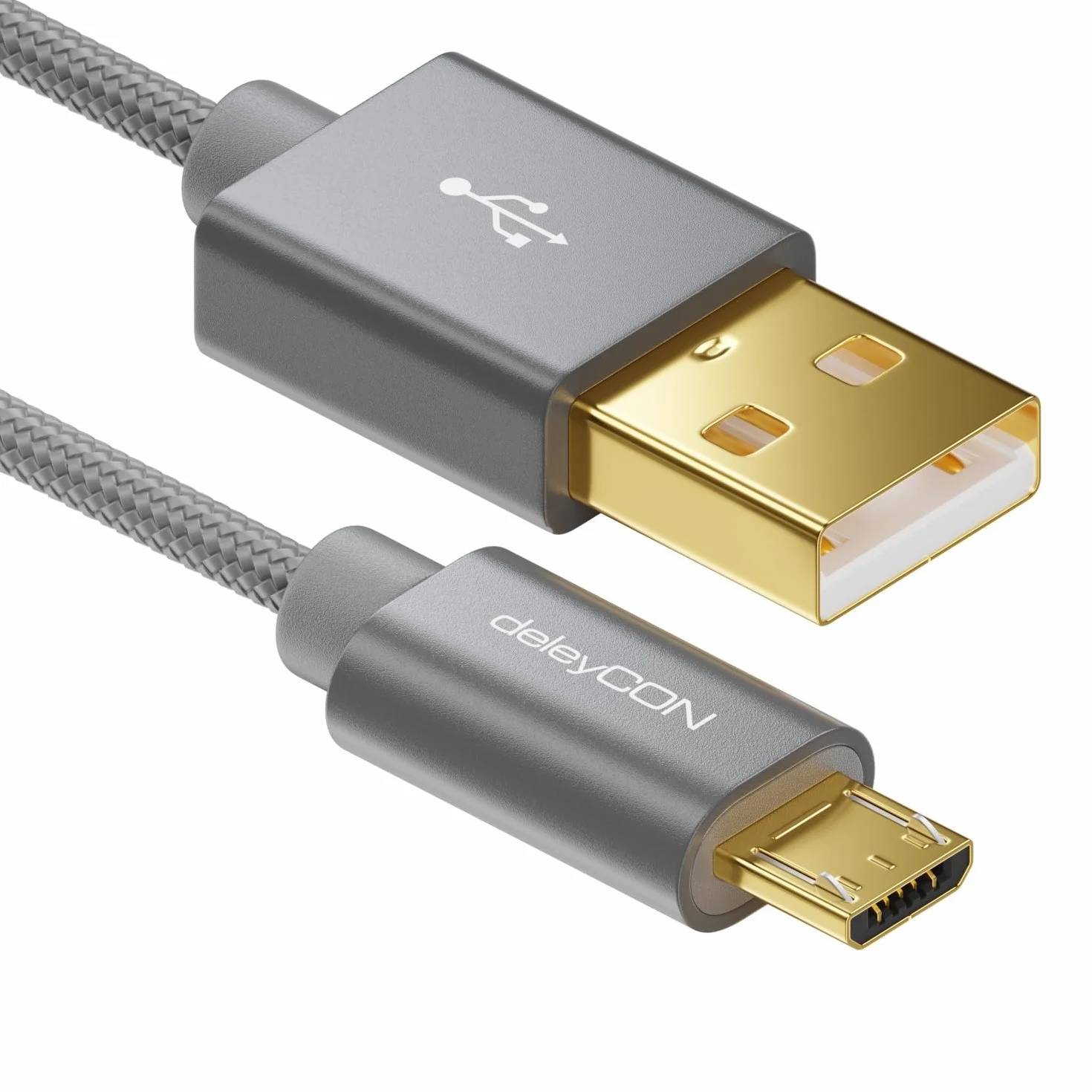 deleyCON Micro USB Kabel 3,0m Nylon Metalowe Wtyki Ładowania Przewód Danych Szary