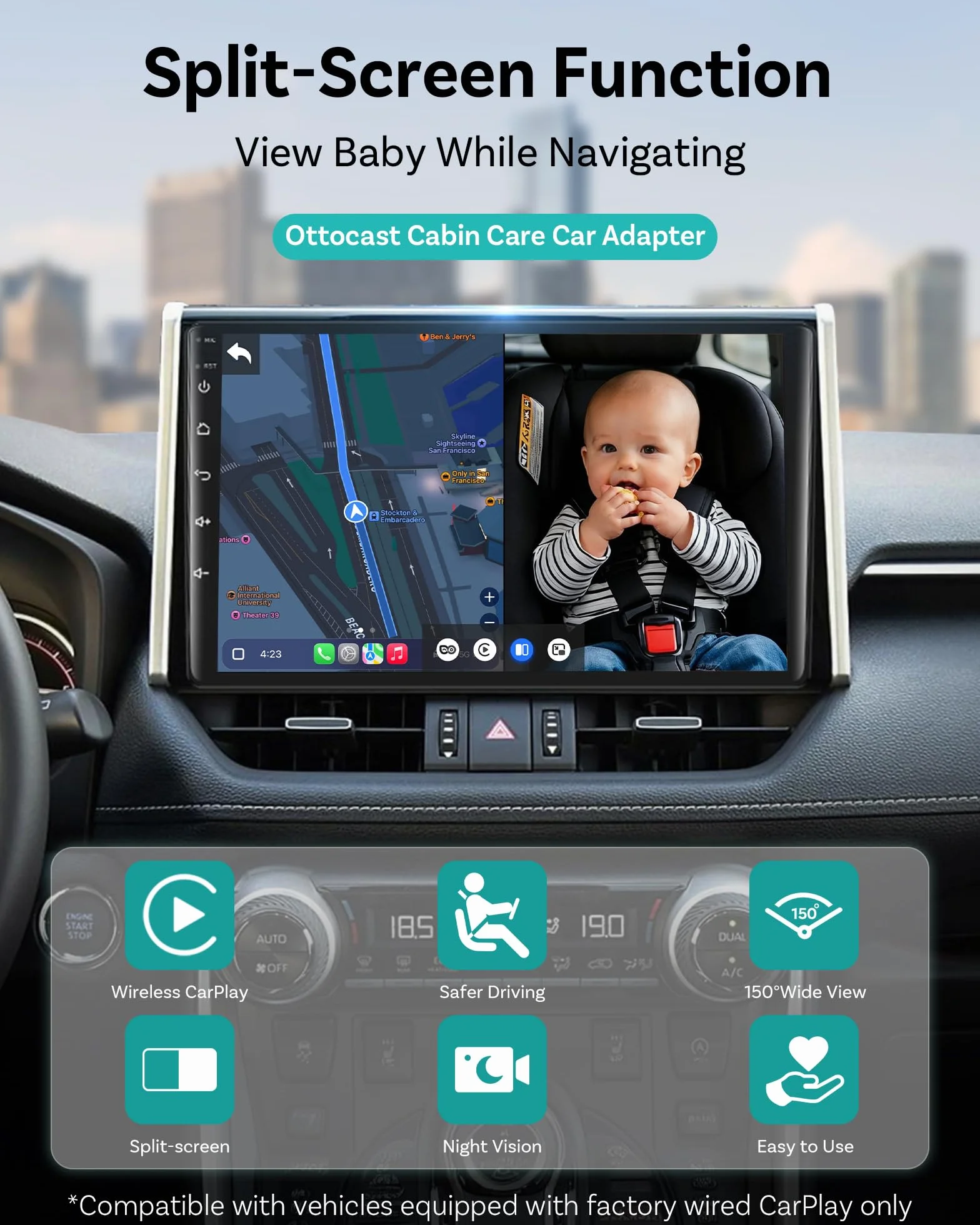 Ottocast Cabin Care 2026 Mini Bezprzewodowy Adapter CarPlay Kamera 1080P 150° Szerokokątny Widok na Tył USB-A