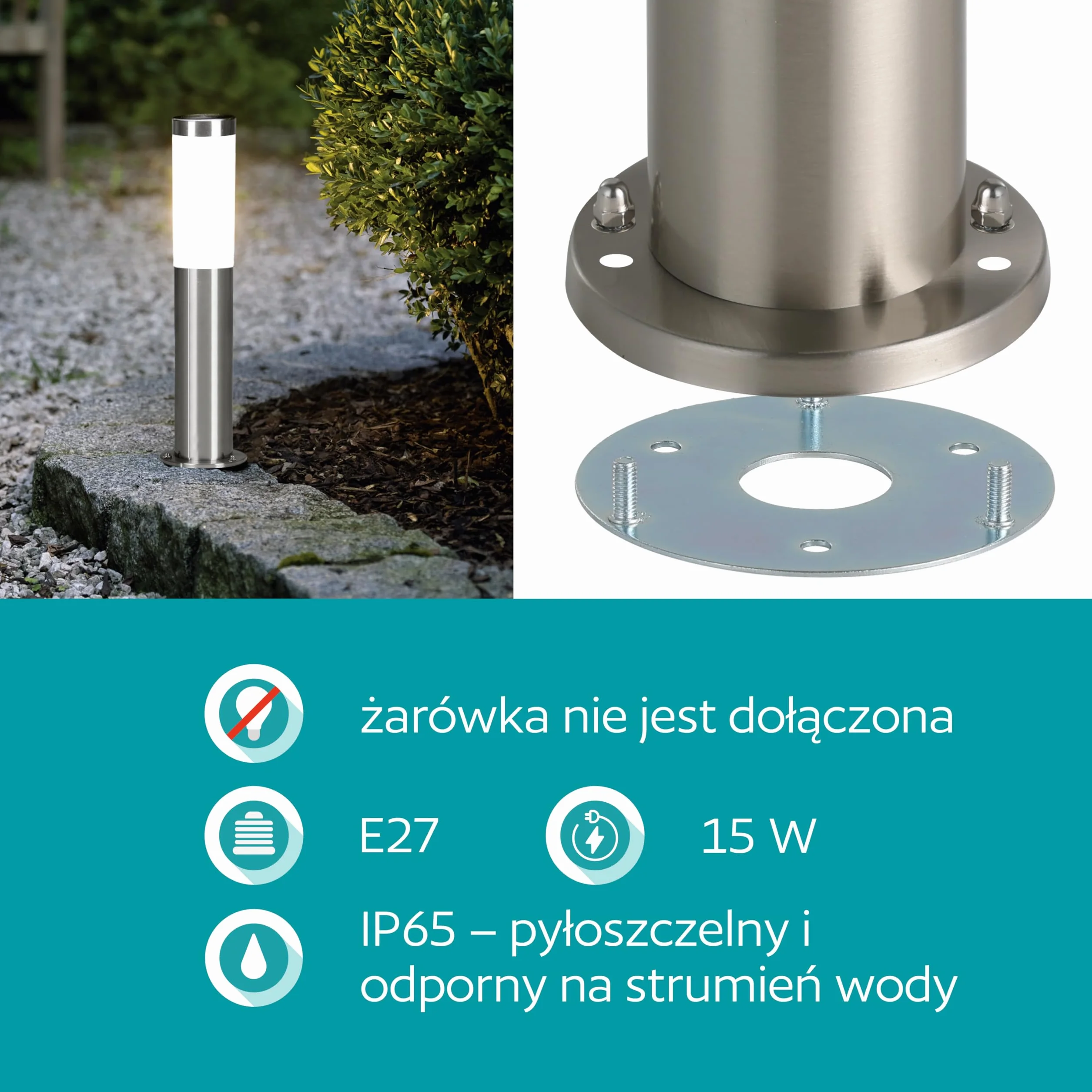EGLO Helsinki zewnętrzna lampa drogowa LED | 1 źródło światła oświetlenie ścieżki ze stali nierdzewnej i tworzywa sztucznego srebrna biała oprawa : E27 IP44