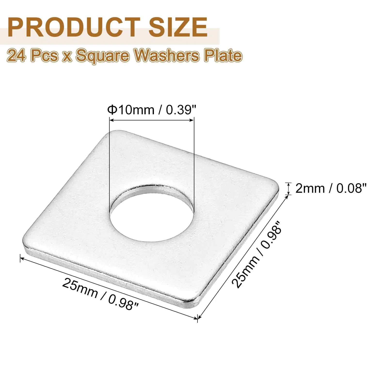 PATIKIL Kwadratowe podkładki M10 x 25 x 2 mm, 24 sztuki, kwadratowe podkładki pod płytki, kwadratowa podkładka podporowa, płyta łożyskowa, stal nierdzewna 304, uszczelka na śruby