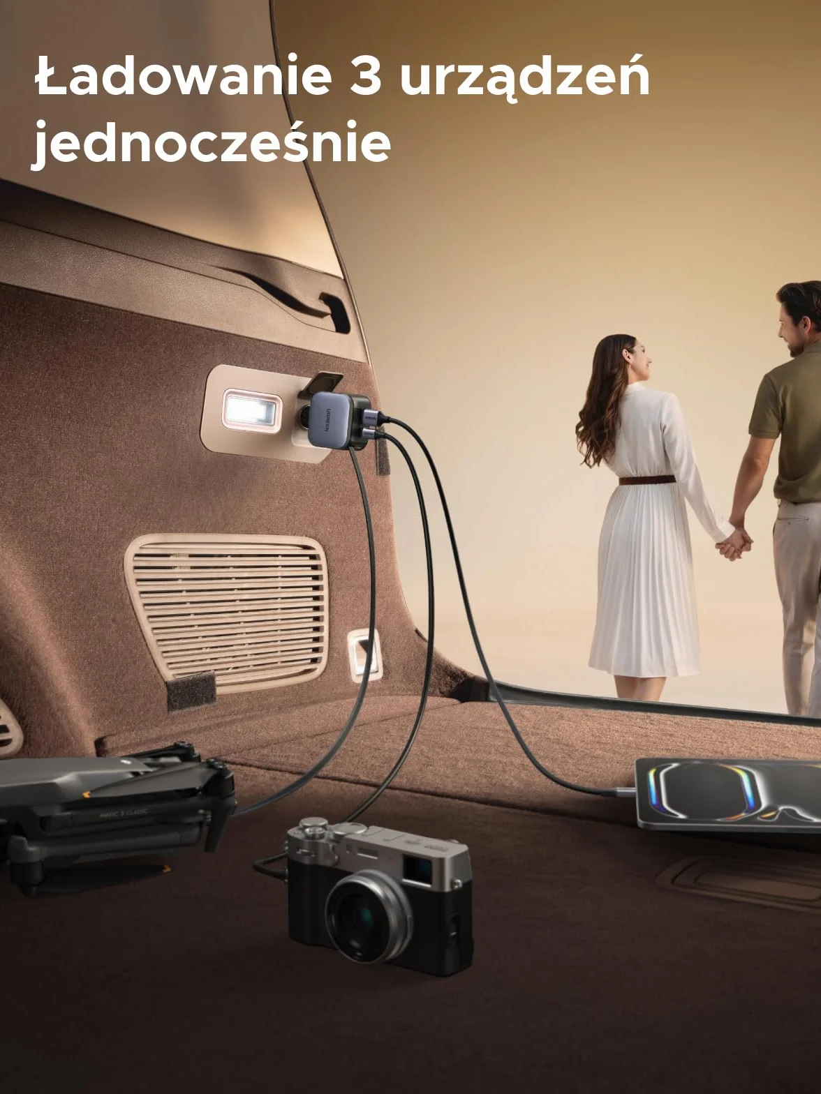 UGREEN 3-portowa zapalniczka samochodowa 60W Chowana ładowarka USB C 12V do iPhone 17/16/15 Galaxy S25/24