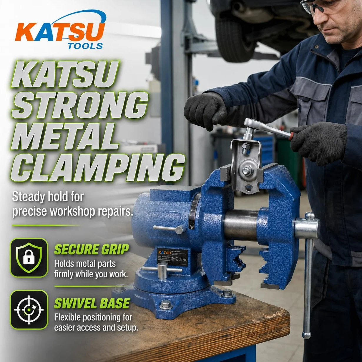 KATSU Imadło stołowe 150 mm, wytrzymałe, wielofunkcyjne 360 stopni, obrotowa podstawa, zacisk stołowy, dla mechaników i inżynierów, 402366