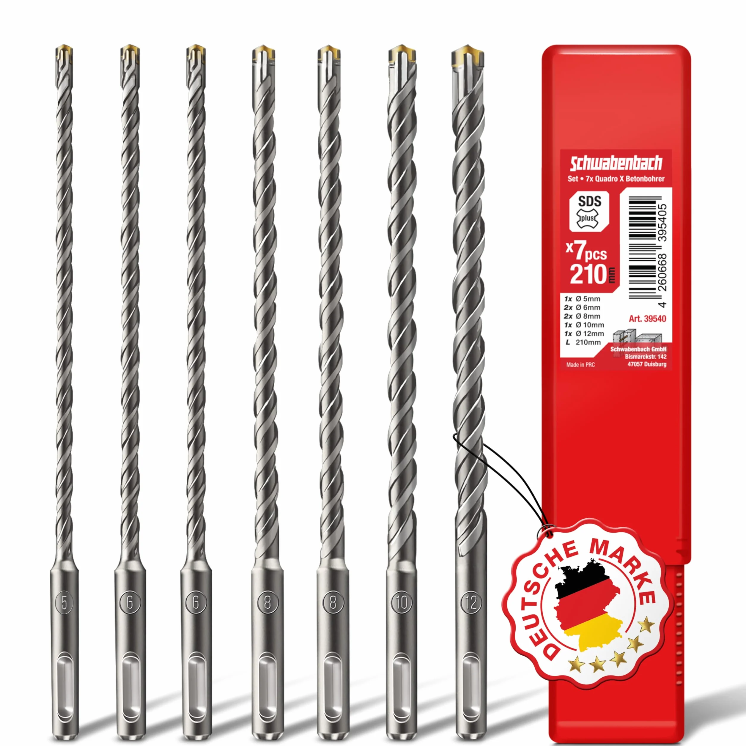 SCHWABENBACH® SDS PLUS 7-częściowy zestaw wierteł do betonu - Super SDS zestaw wierteł - 5 6 8 10 12 x 210 mm - wiertło do kamienia kompatybilne z wiertarką udarową Bosch Hilti - jakość premium do