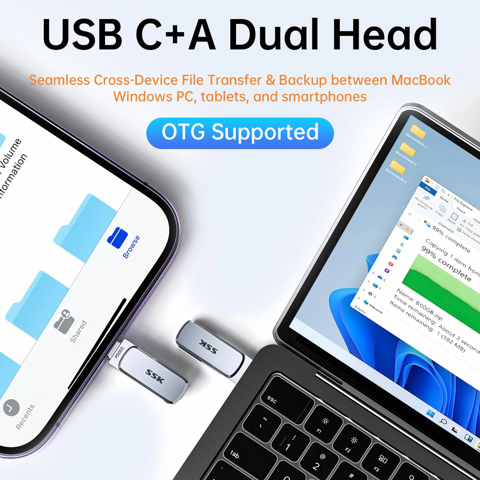 SSK 128 GB pamięć USB C 240 MB/s Dual Memory Stick USB 3.2 USB-A flash Drive do iPhone 15/16 Pro Win Android wodoodporny pyłoszczelny odporny na upadek