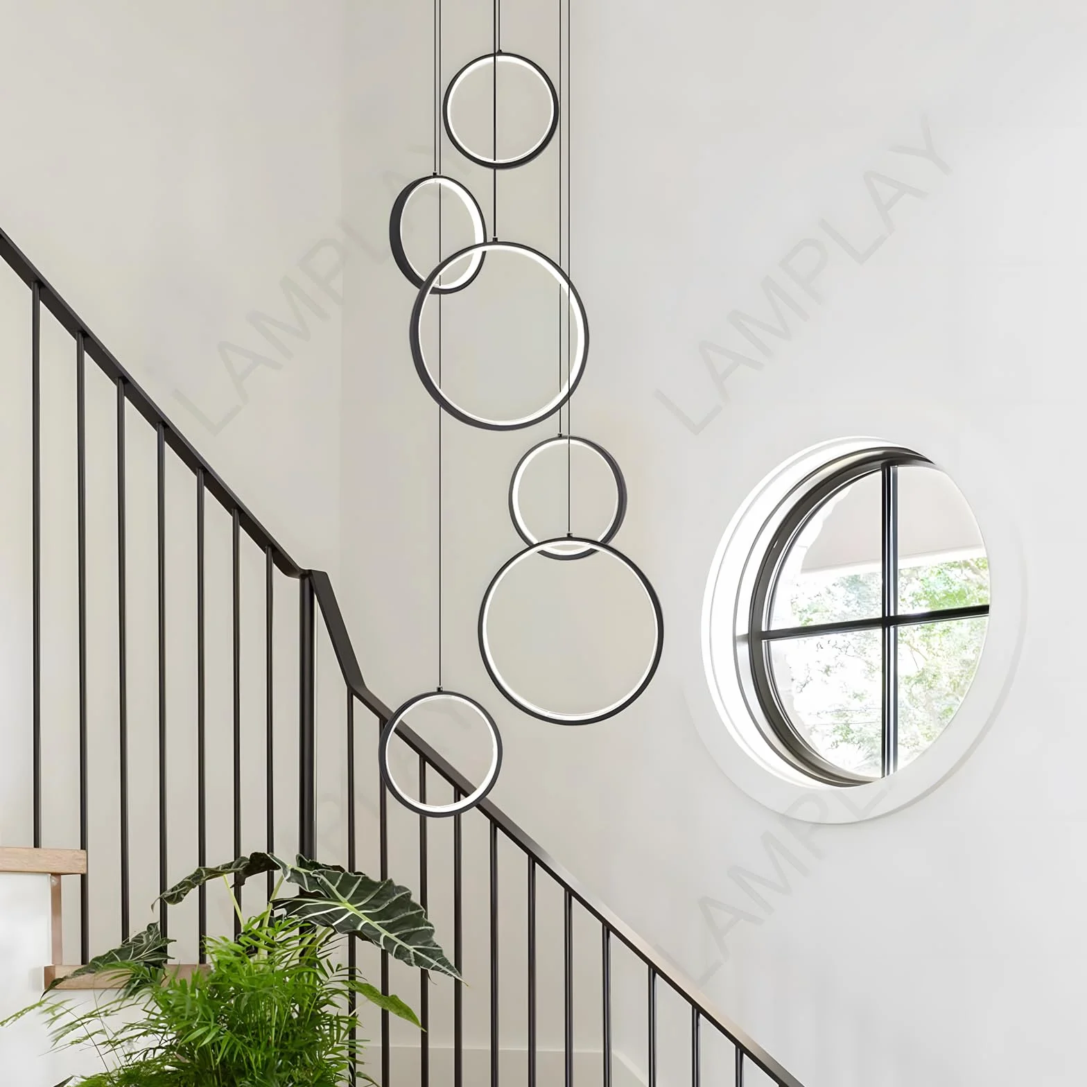 LED Długi Żyrandol Schodowy, Nowoczesna Lampa Na Wysoki Sufit Z 6 Czarnymi Pierścieniami, Lampa Wisząca DIY Z Regulacją Wysokości, Ściemniana Za Pomocą Pilota 3000K-6000K, Schody, Willa