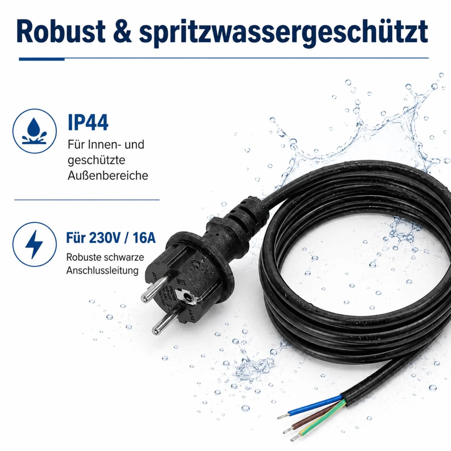 VIEVRE Kabel przyłączeniowy 1 m z wtyczką, kabel zasilający 3-biegunowy, kabel 3 x 1,5 mm², wtyczka Schuko z kablem, kabel zasilający z wtyczką, kabel przyłączeniowy z wtyczką, 230 V, 16 A, IP44