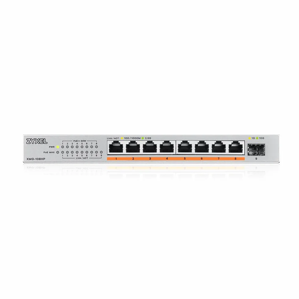 Zyxel 8-portowy przełącznik niezarządzalny PoE 2.5G Multi-Gig @ 100 W z 8 x PoE++ (60 W) | 1 x 10G SFP+ |do montażu na biurku lub na ścianie [XMG-108HP]