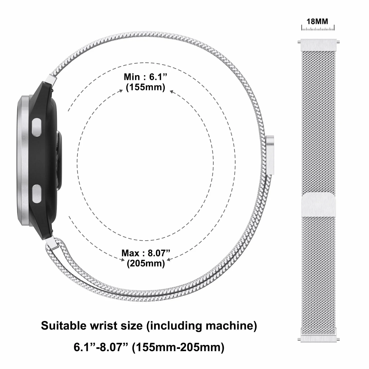 Vancle Bransoletka z siatki ze stali nierdzewnej, pasek 18 mm do zegarka do Garmin Venu 2S/ Venu 3S/ Vivoactive 4S/ Vivomove 3S/ Forerunner 255s/ 255s Music/ 265s, dla kobiet i mężczyzn