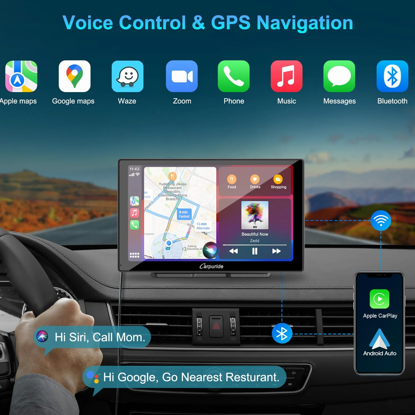 Carpuride W905 Bezprzewodowy odtwarzacz samochodowy Carplay i Android Auto z kamerą samochodową, przenośny 9-calowy ekran dotykowy HD, 4K przednia i tylna kamera, nagrywanie pętlowe, Bluetooth, Mirror