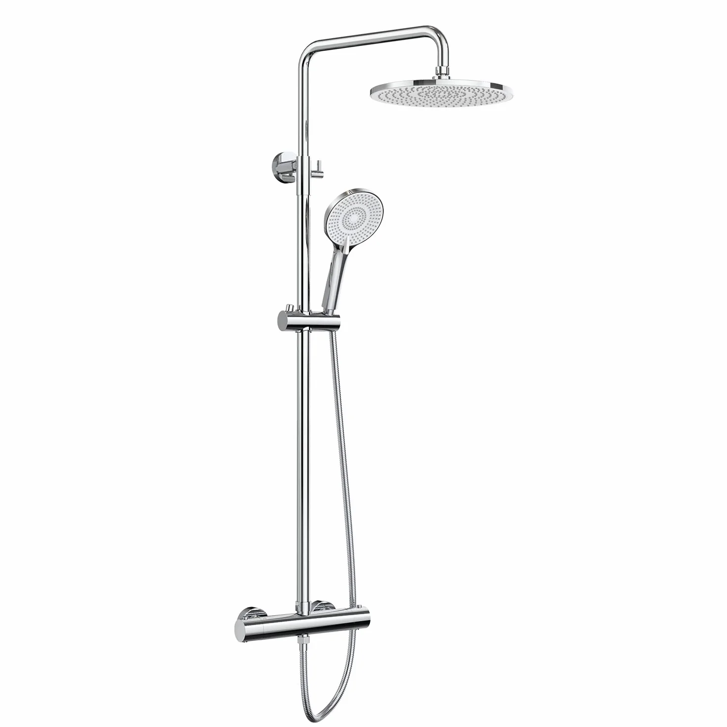 Rainsworth System prysznicowy z termostatem, chromowana, kompletny zestaw z okrągłą deszczownicą 25 cm, 3 rodzaje strumienia, 92-126 cm, regulacja wysokości, deszczownica z armaturą, zestaw