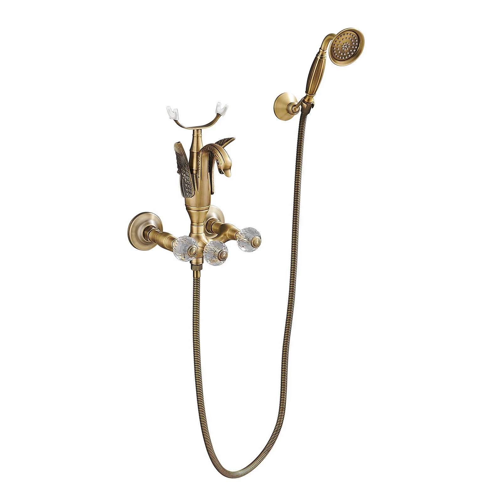 Bateria wannowa, bateria wannowa Swan z prysznicem ręcznym, mosiężna bateria wannowa, bateria ścienna, dwuuchwytowa, 2-otworowa, mieszaczowa do łazienki, antyczna (antyczna)