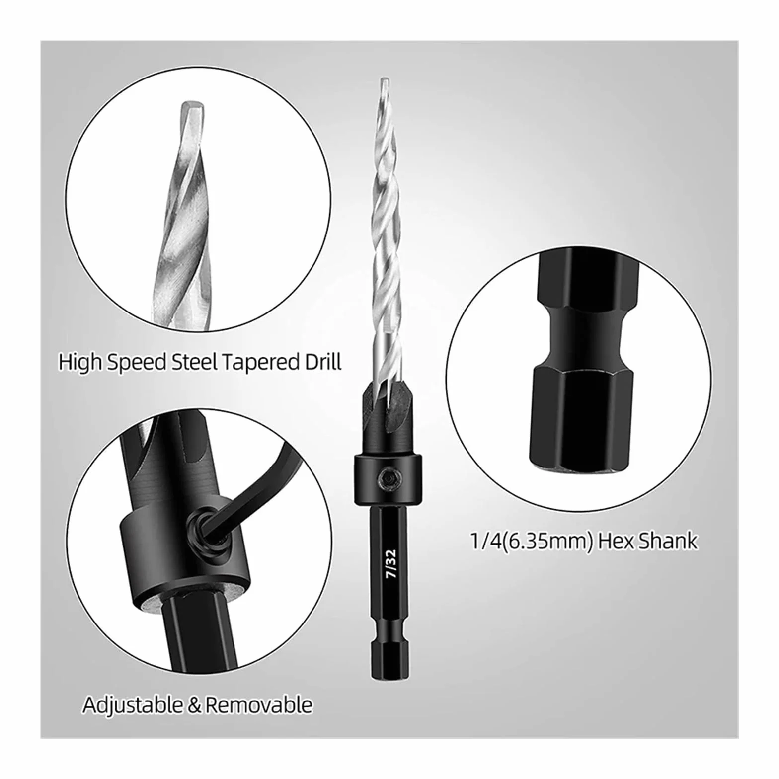 5pcs 7pcs High Speed Steel Tapered Countersink Drill Bit Set 1/4" Hex Shank Carpentry Reamer Stop Collars Screw Hole Drill Chamfer Woodworking Tools