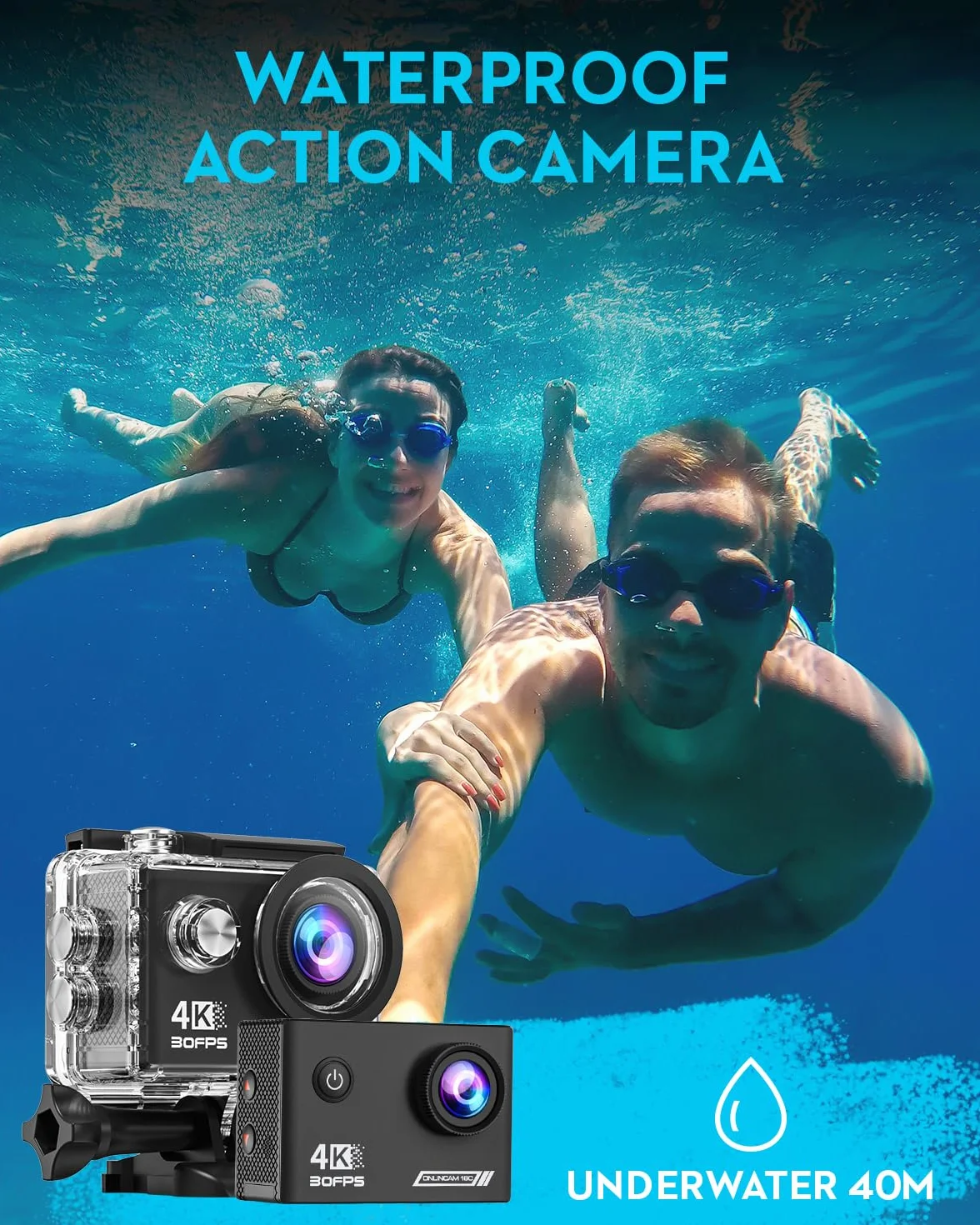 Kamera sportowa 4K 30 kl./s z kartą SD 64G, wodoodporna kamera HD 39.9 m podwodne kamery 20 MP nagrywanie wstępne WiFi kamera 170° zdalnie sterowane kamery sportowe z 2 bateriami zestaw akcesoriów do