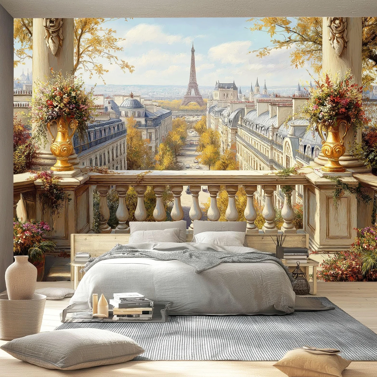 Fototapeta, 400 x 280 cm, dekoracja ścienna, salon, nowoczesny design, do sypialni, salonu, tapeta z włókniny, beżowa, architektura paryska, ulice