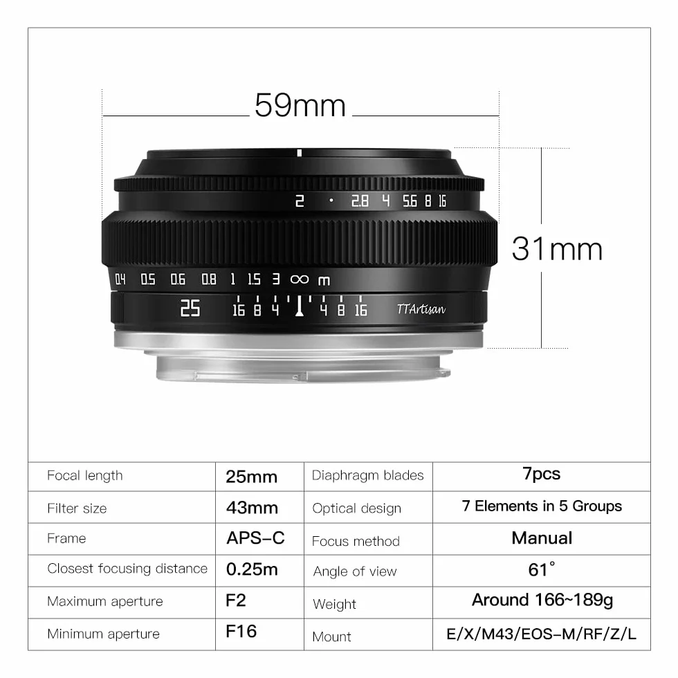 TTArtisan 25 mm F2.0 APS-C ręczny obiektyw do montażu M43