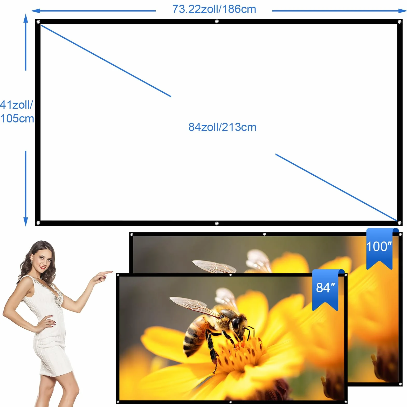 Ekran Projekcyjny 84 cale 16:9 HD Przenośny Dwustronny Zmywalny do Kina Domowego
