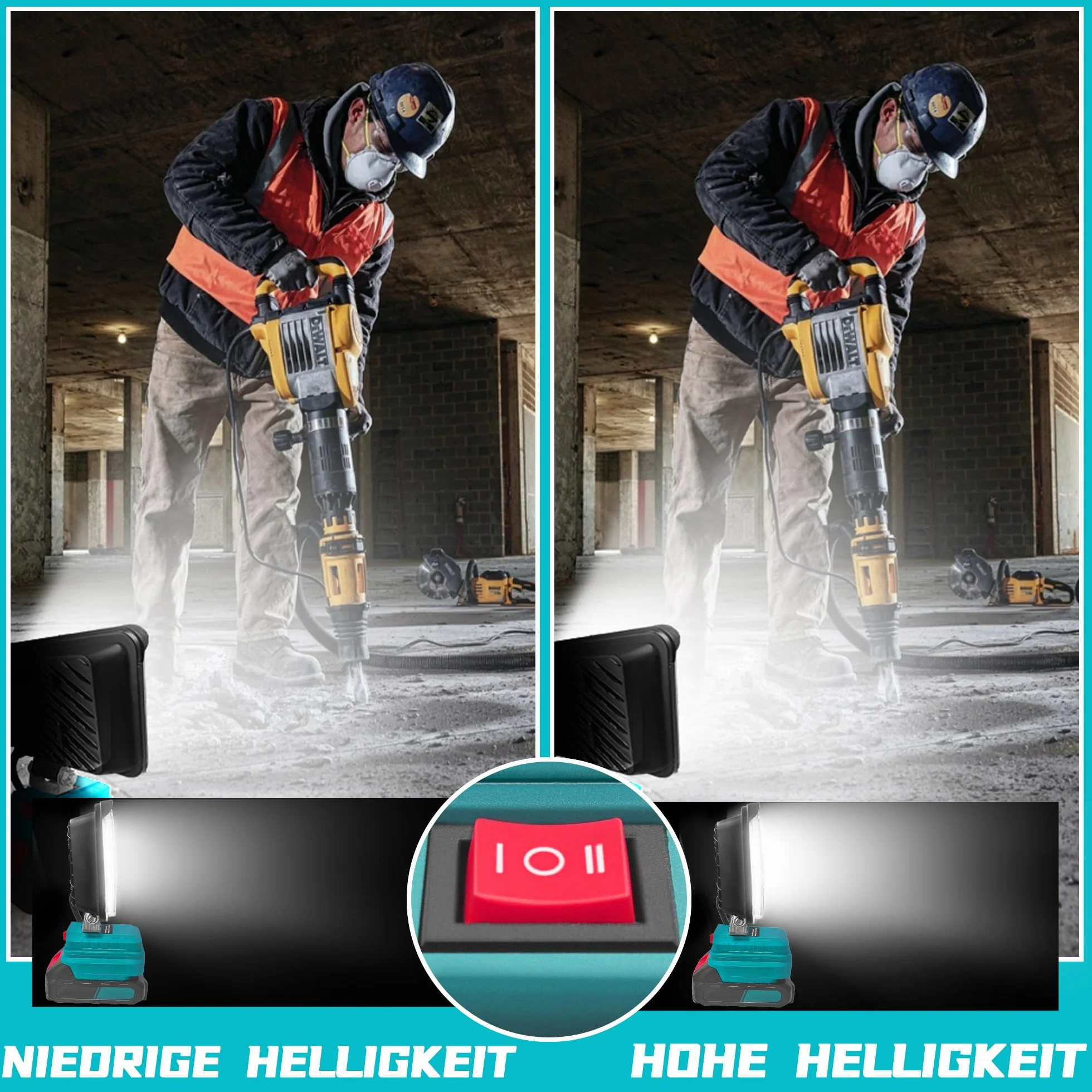 bycpower lampa akumulatorowa do Makita 18 V, 60 W, 5400 lm, bezprzewodowa lampa robocza, 2 tryby pracy LED, reflektor akumulatorowy z 2 ładowaniami USB, przenośny reflektor w sytuacjach awaryjnych, na