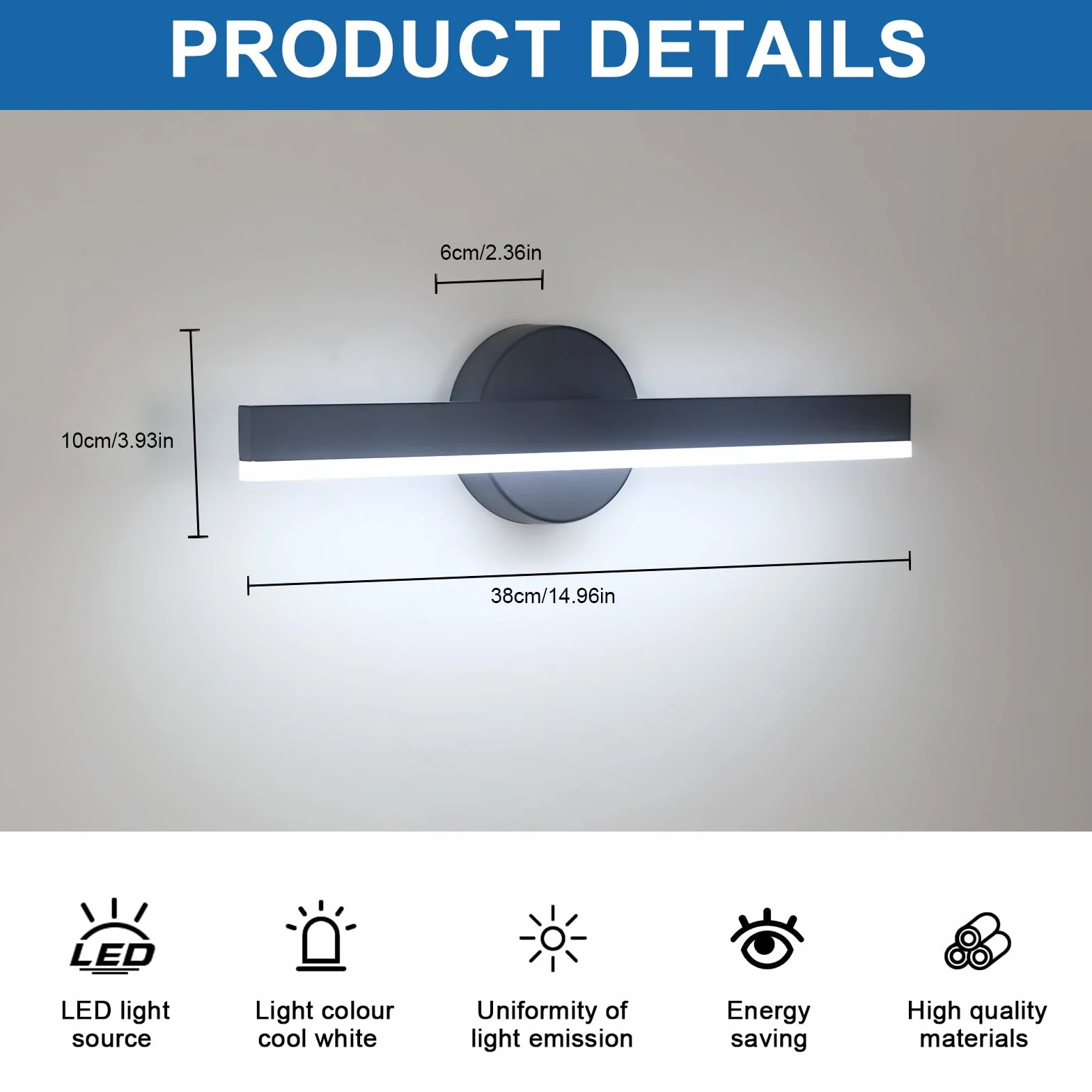 Riserva Lampa ścienna LED, nowoczesna, 12 W, lampa ścienna do wewnątrz, obracany o 300°, kinkiet ścienny, czarny, do sypialni, lustra, salonu, jadalni, klatki schodowej, 6500 K, białe światło