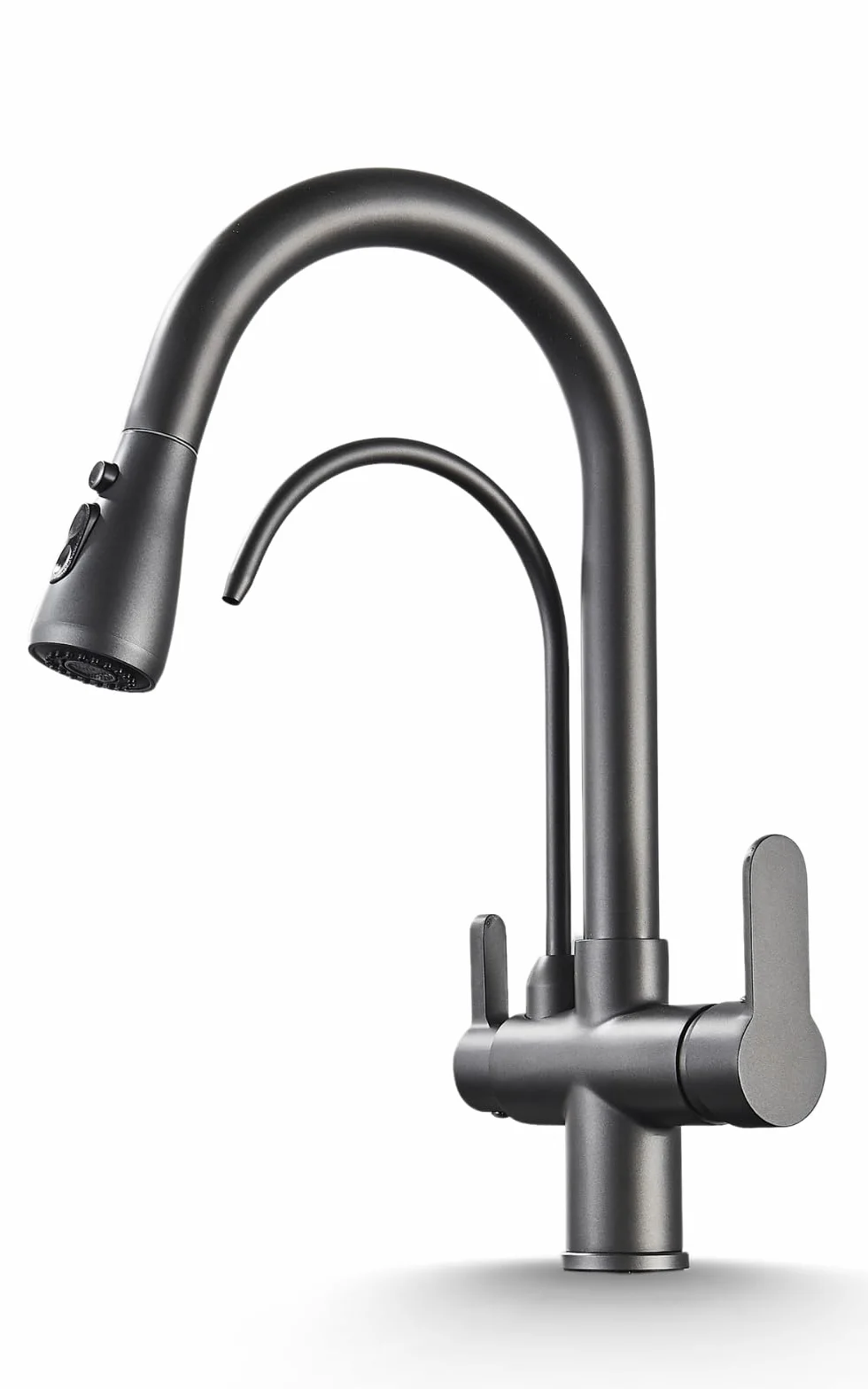 Armatura kuchenna Nordic z systemem filtra wody Dafi Flow Comfort D1 3-drożna armatura wyciągana wylewka, obracana o 360°, oddzielny wylewka, 4-stopniowa filtracja, wskaźnik LED (grafitowa)