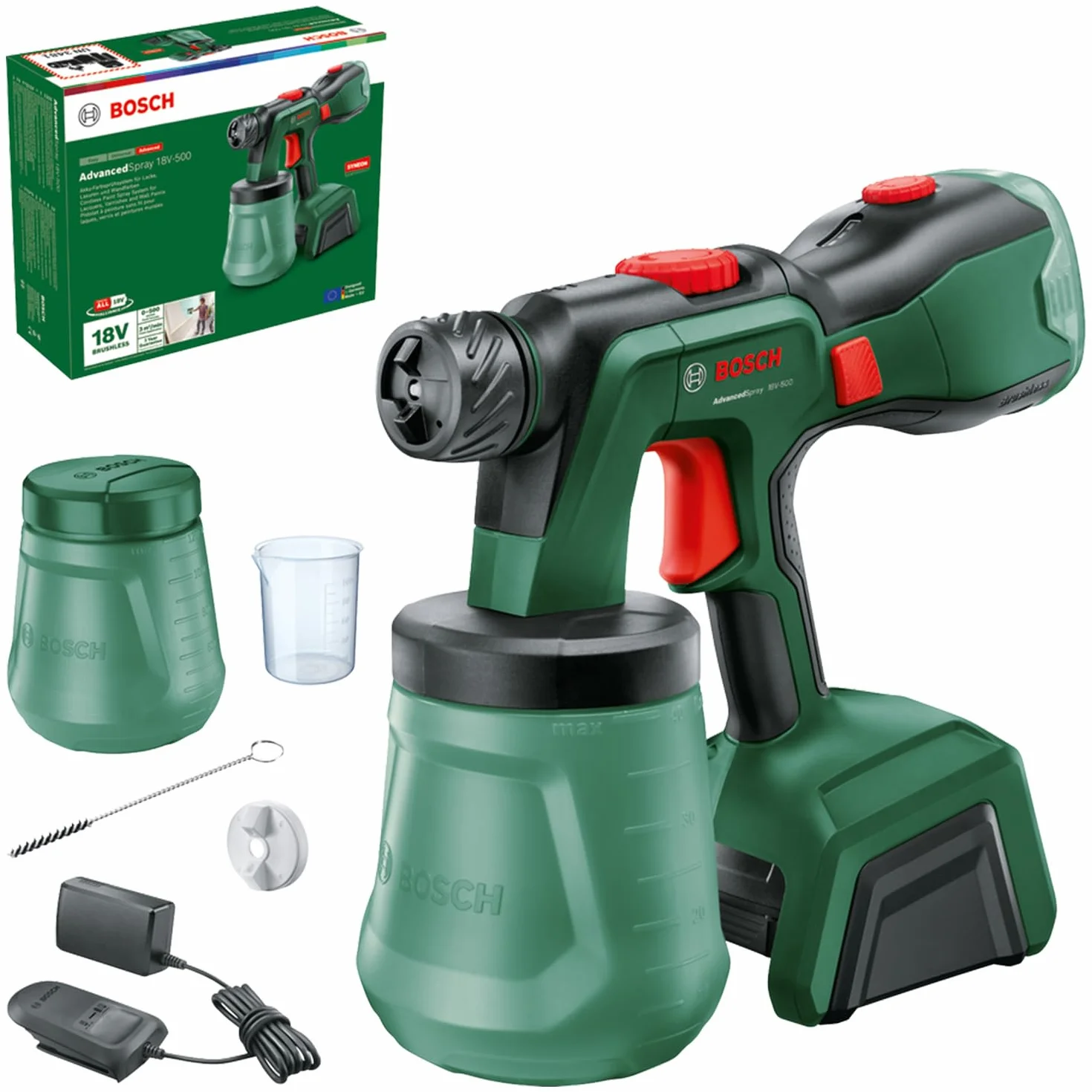 Bosch akumulatorowy pistolet natryskowy AdvancedSpray 18V-500 (do farb dyspersyjnych/lateksowych, lazur i lakierów, 3m²/min, 2 pojemniki 1 200 ml, akum. 4Ah i ładowarka)