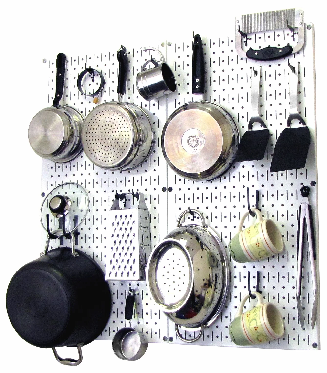 Wall Control Kuchenny organizer do pegboardów, garnki i patelnie, zestaw do przechowywania i organizacji, z białą tablicą i czarnymi akcesoriami