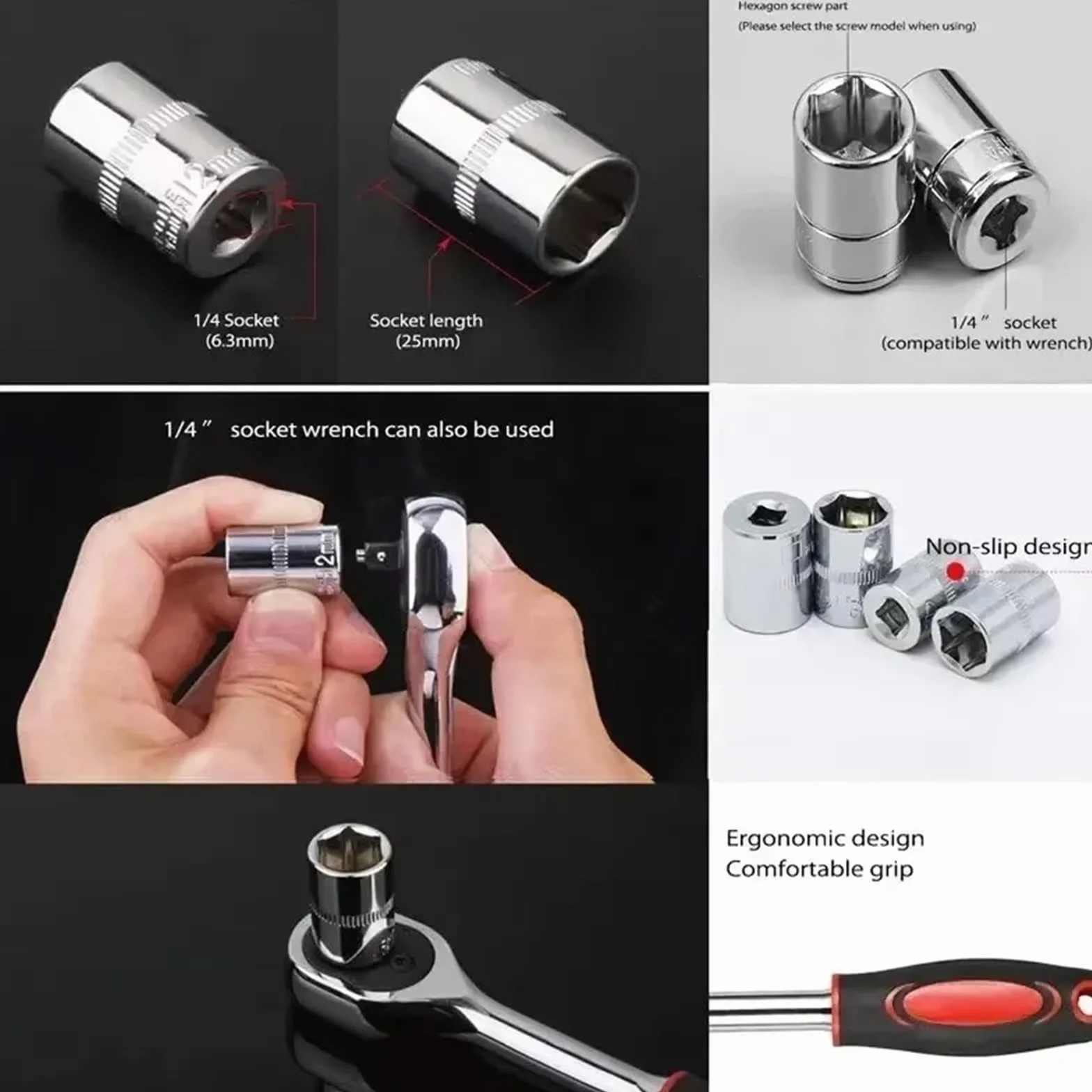 Autotrimgereedschap Zestaw 12 narzędzi samochodowych nasadowych, klucz grzechotkowy 1/4" z grzechotką, narzędzia konserwacyjne, sześciokątne(1-2inch 12pc set)