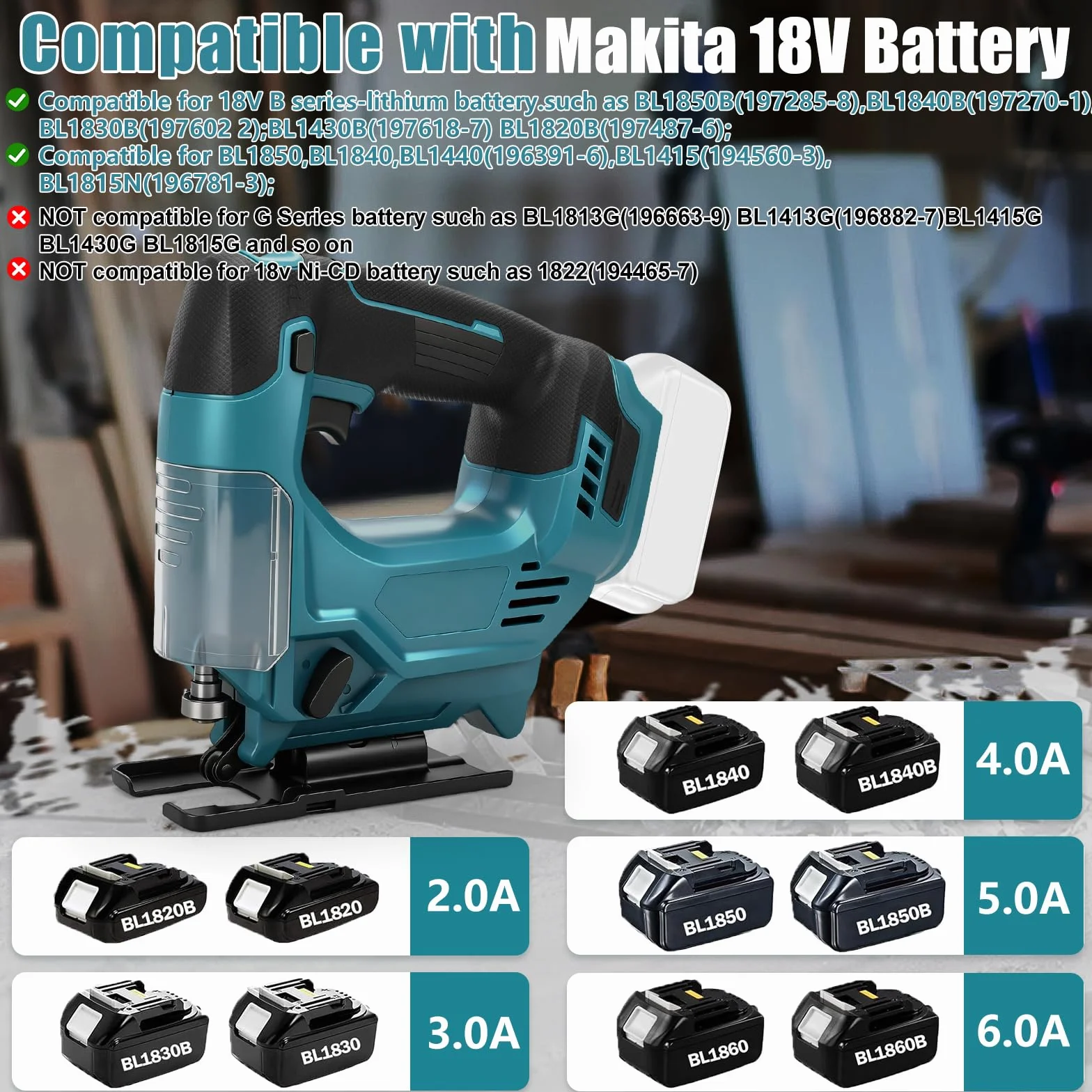 Wyrzynarka kompatybilna z akumulatorami Makita, 18 V, bezszczotkowy skok wahadłowy, wysokość podnoszenia 26 mm, cięcie ukośne 45°, 3 poziomy skoku wahadłowego, 6 brzeszczotów do drewna, metalu i