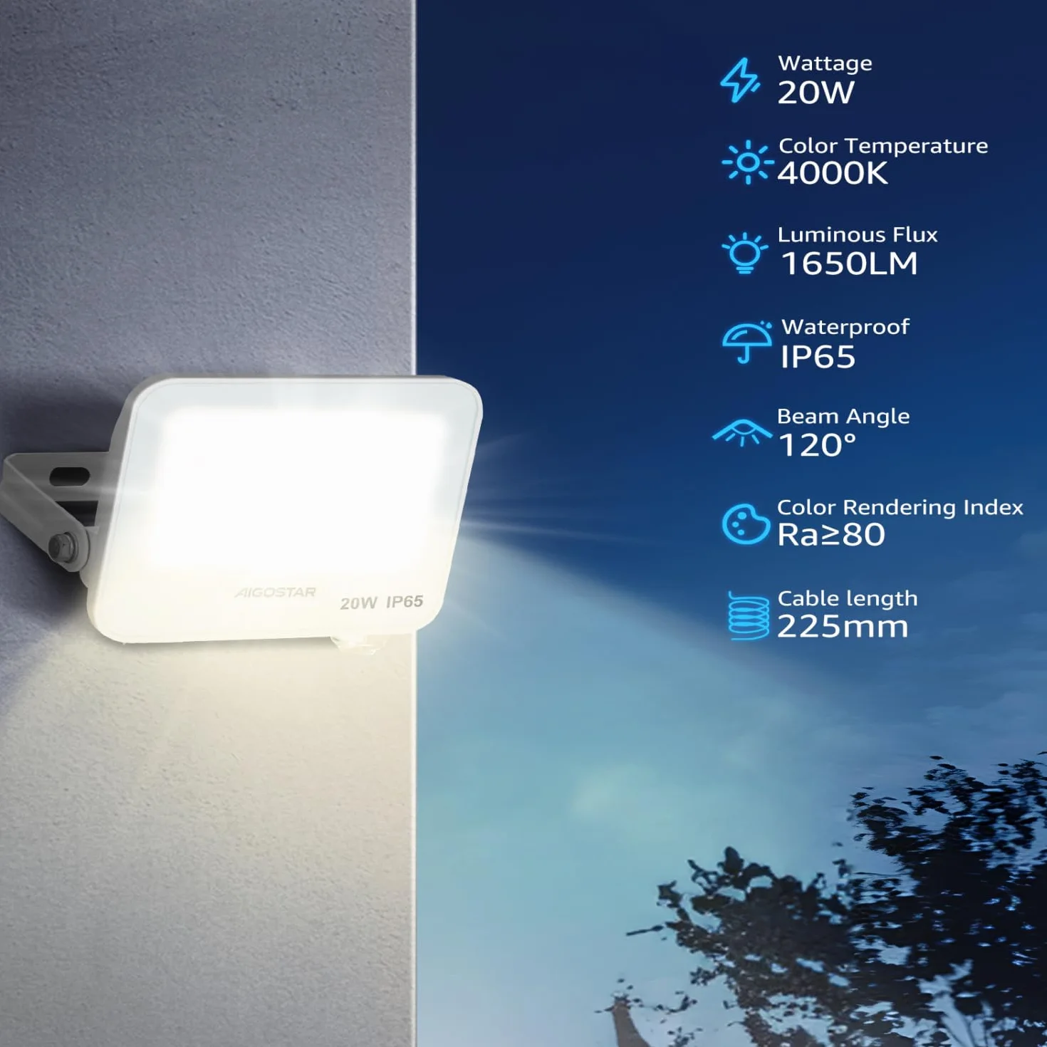 Aigostar – 20 W reflektor zewnętrzny LED, 1650 lm reflektor LED, wodoodporna lampa zabezpieczająca IP65, naturalne oświetlenie zewnętrzne 4000 K, do ogrodu, na patio, do garażu, 2 szt