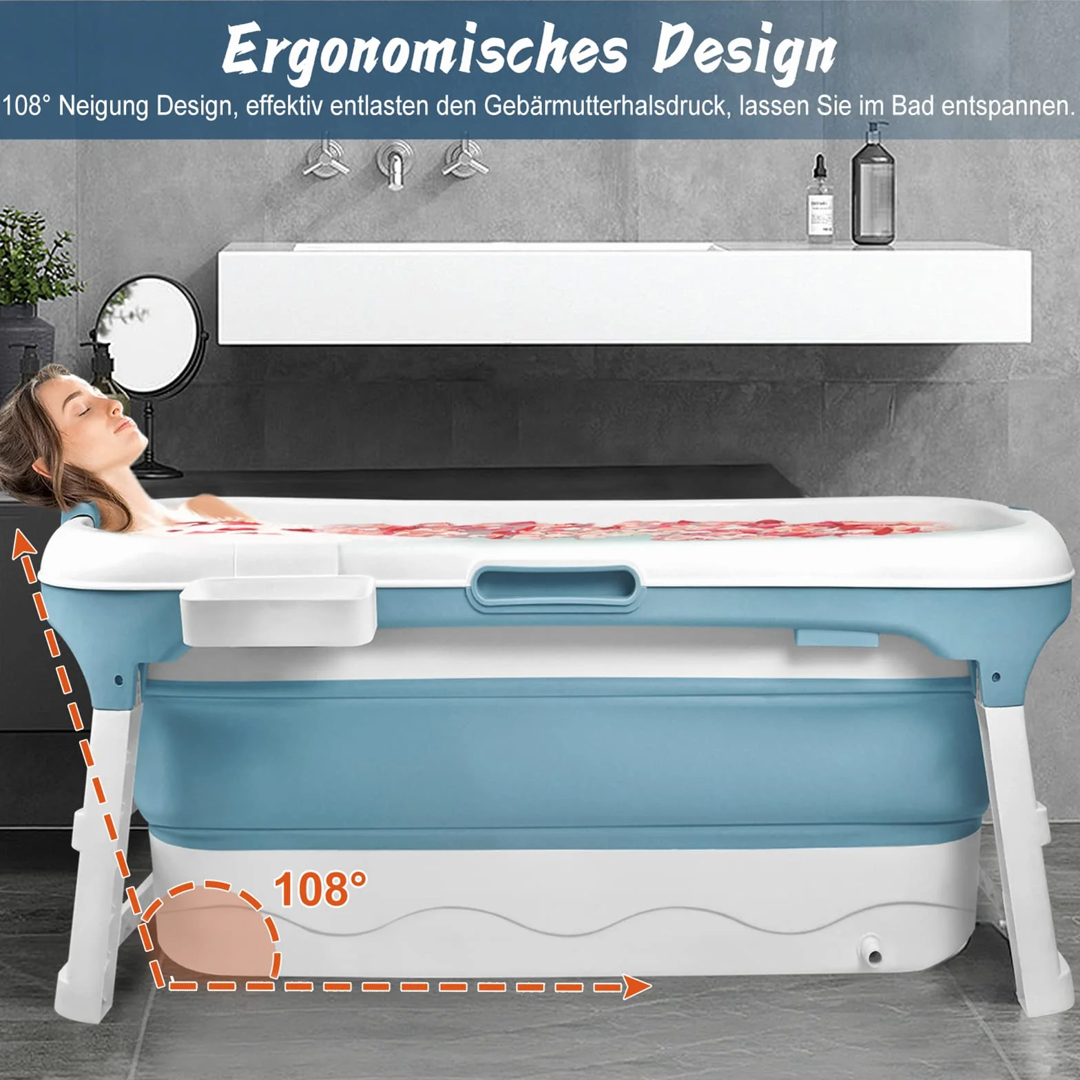 XMTECH Składana wanna dla dorosłych, wolnostojąca wanna do łazienki, 128 x 60 x 53 cm, przenośna, składana wanna XL, z półką na wannę i rolkami do masażu, do małej łazienki i na zewnątrz