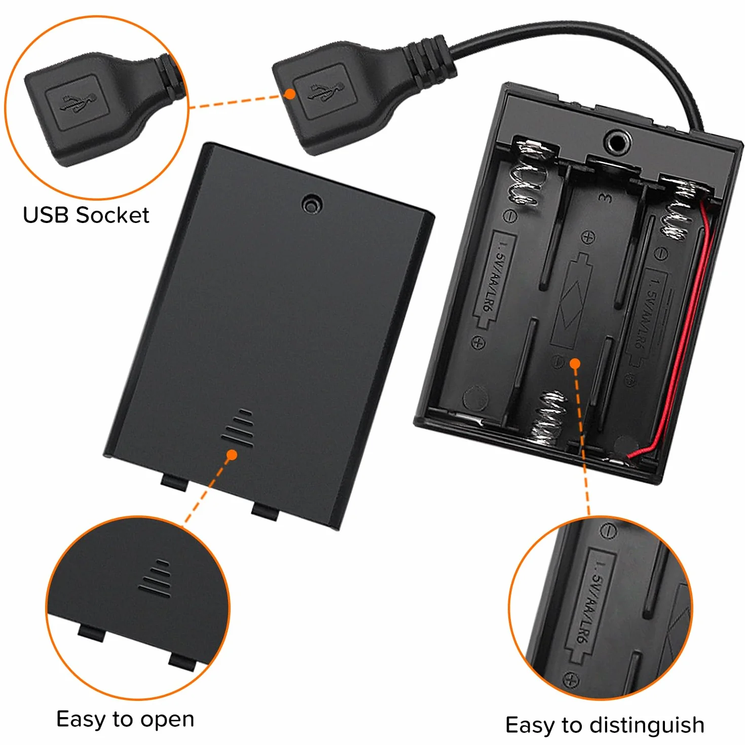 KUOQIY 3 Uchwyt Baterii AA z Gniazdem Żeńskim USB 4.5V Obudowa z Włącznikiem i Pokrywą Zestaw 4 Sztuk