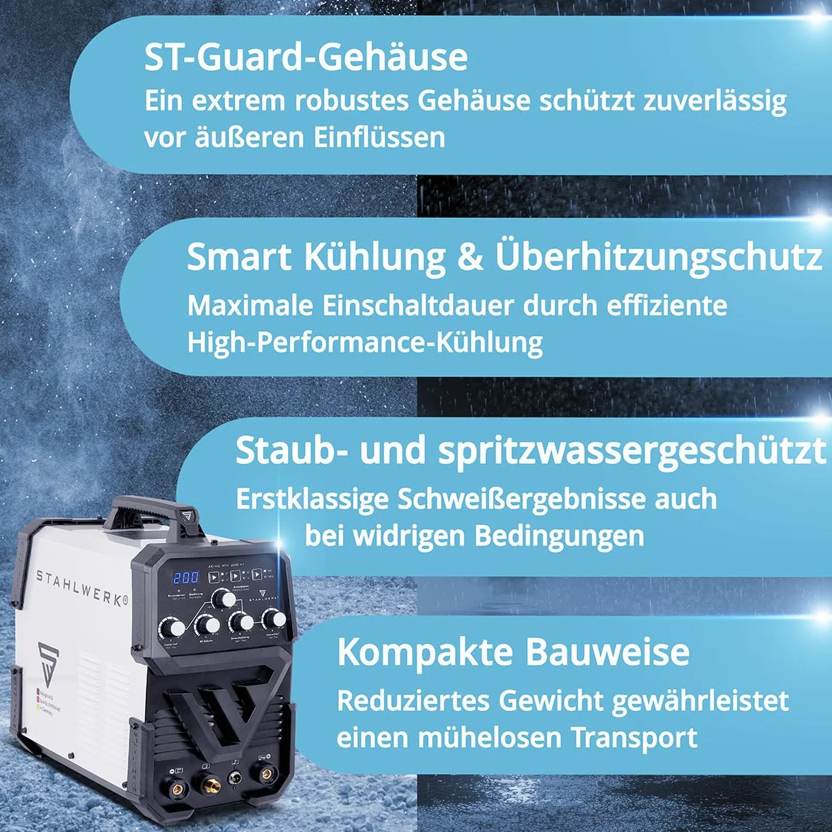 STAHLWERK Spawarka 2 w 1 Kombi AC/DC WIG 200 ST – WIG & MMA (E-Hand/ARC) do 200 A, zapłon HF, Hotstart, Anti-Stick, tryb 2T i 4T, spawanie AC WIG do aluminium, technologia IGBT