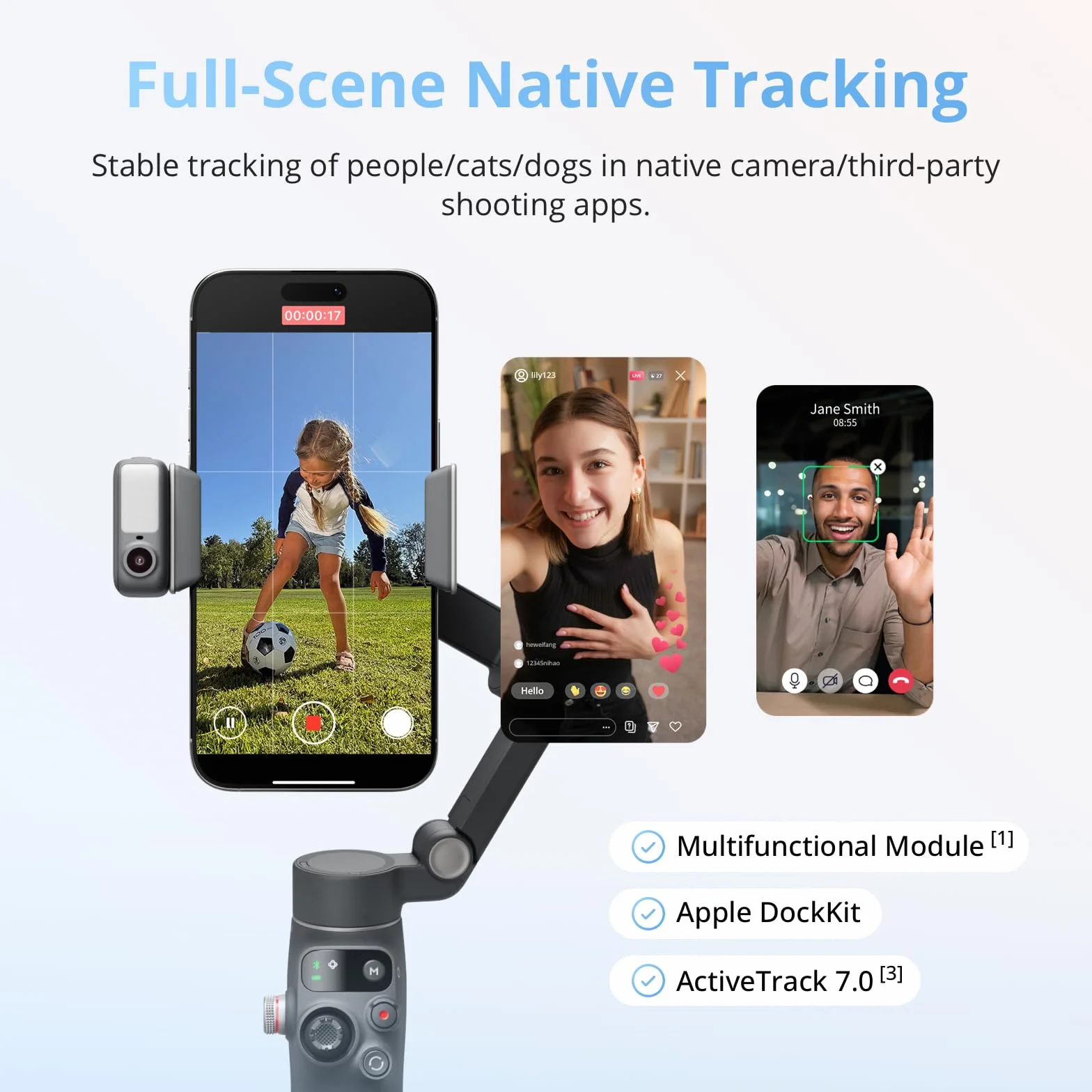 DJI Osmo Mobile 8 stabilizator gimbala do telefonu, natywne śledzenie z dźwiękiem i oświetleniem, obrót 360°, wbudowany drążek przedłużający i statyw, bateria 10 h, drążek przedłużający, solidna