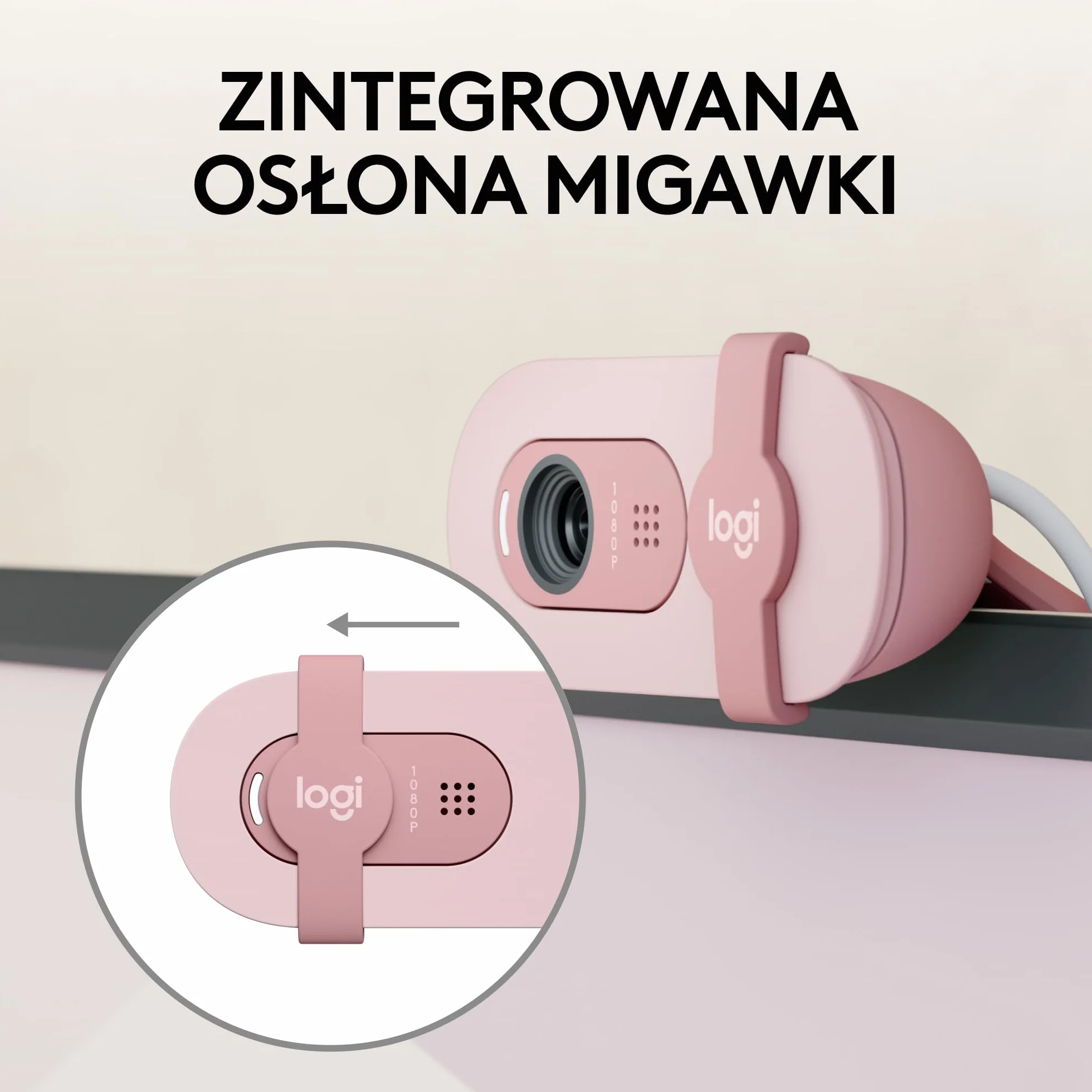 Logitech Brio 100 Full HD Kamera do spotkań, automatyczny balans światła, wbudowany mikrofon, USB-A, Róża