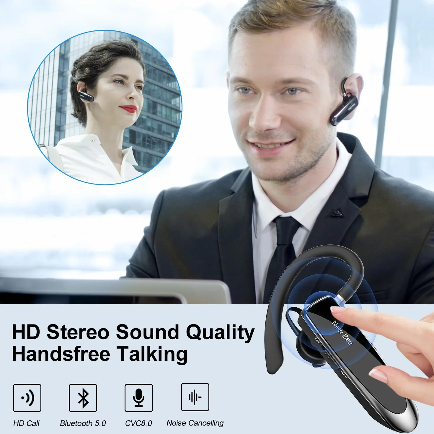 New Bee Zestaw słuchawkowy Bluetooth bezprzewodowy głośnomówiący z mikrofonem do iPhone Samsung Huawei 60 dni czuwania czarny