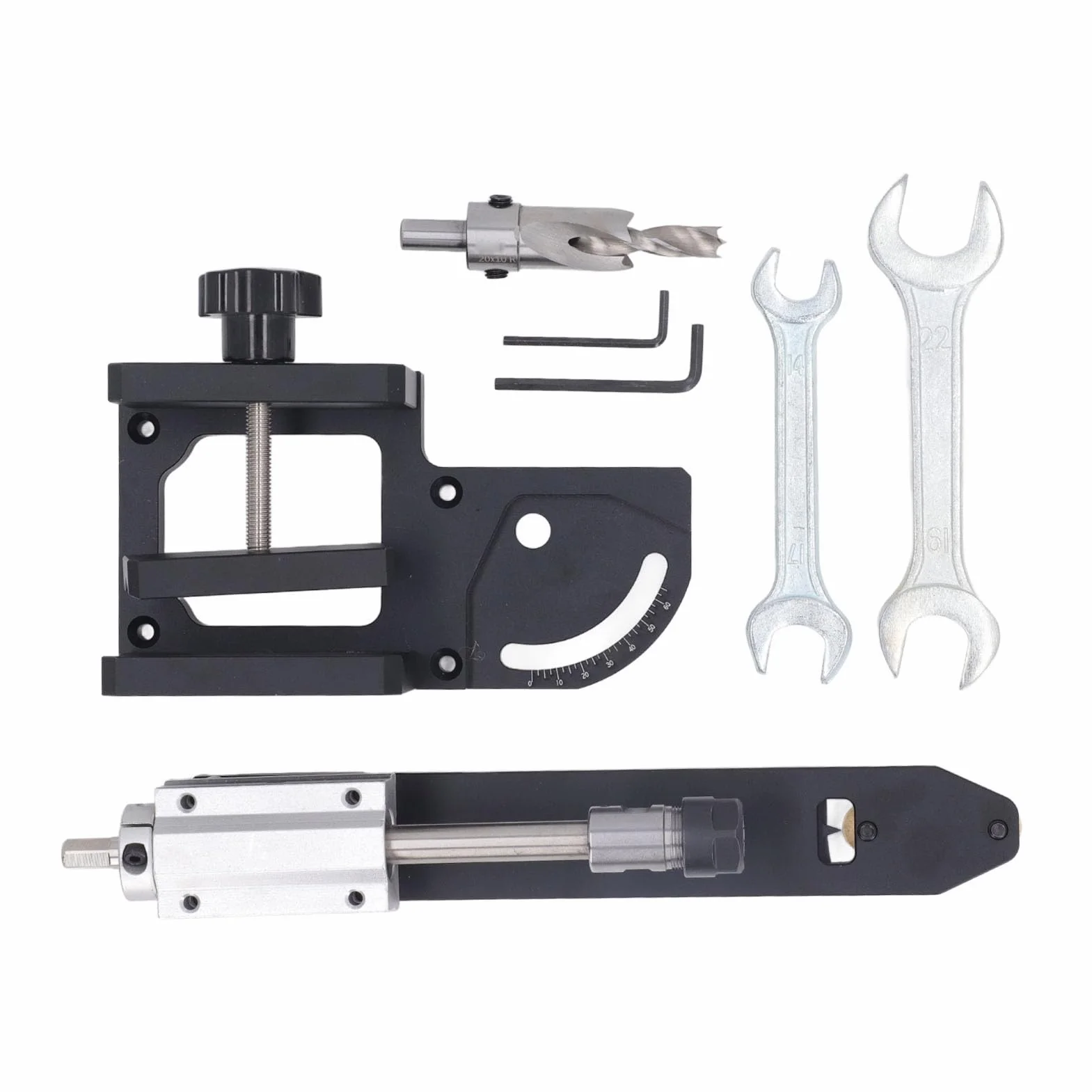 Yosoo Health Gear Zestaw wierteł Kątowych do Drewna Prowadnica wierteł Kątowych ze Stopu Aluminium 0 do 60 Stopni dla Pręta Okrągłego o średnicy od 30 70 Mm z Suwakiem 60 Mm Stolarki Drewnianej