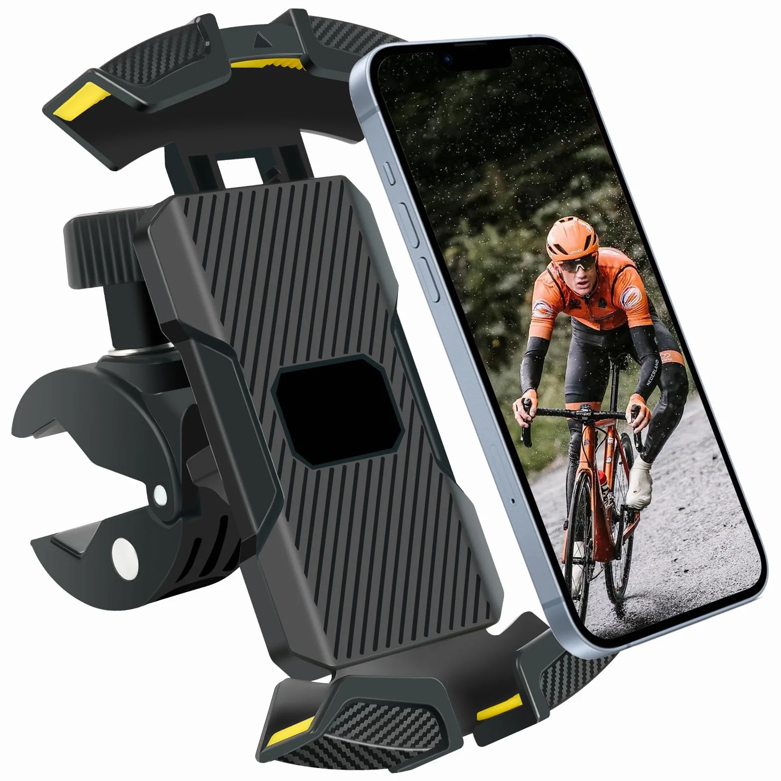 URAQT Rowerowy uchwyt na telefon, automatyczne blokowanie, wojskowy uchwyt motocyklowy zapobiegający wstrząsom, obracany o 360°, do iPhone 15, Samsung S24 i innych