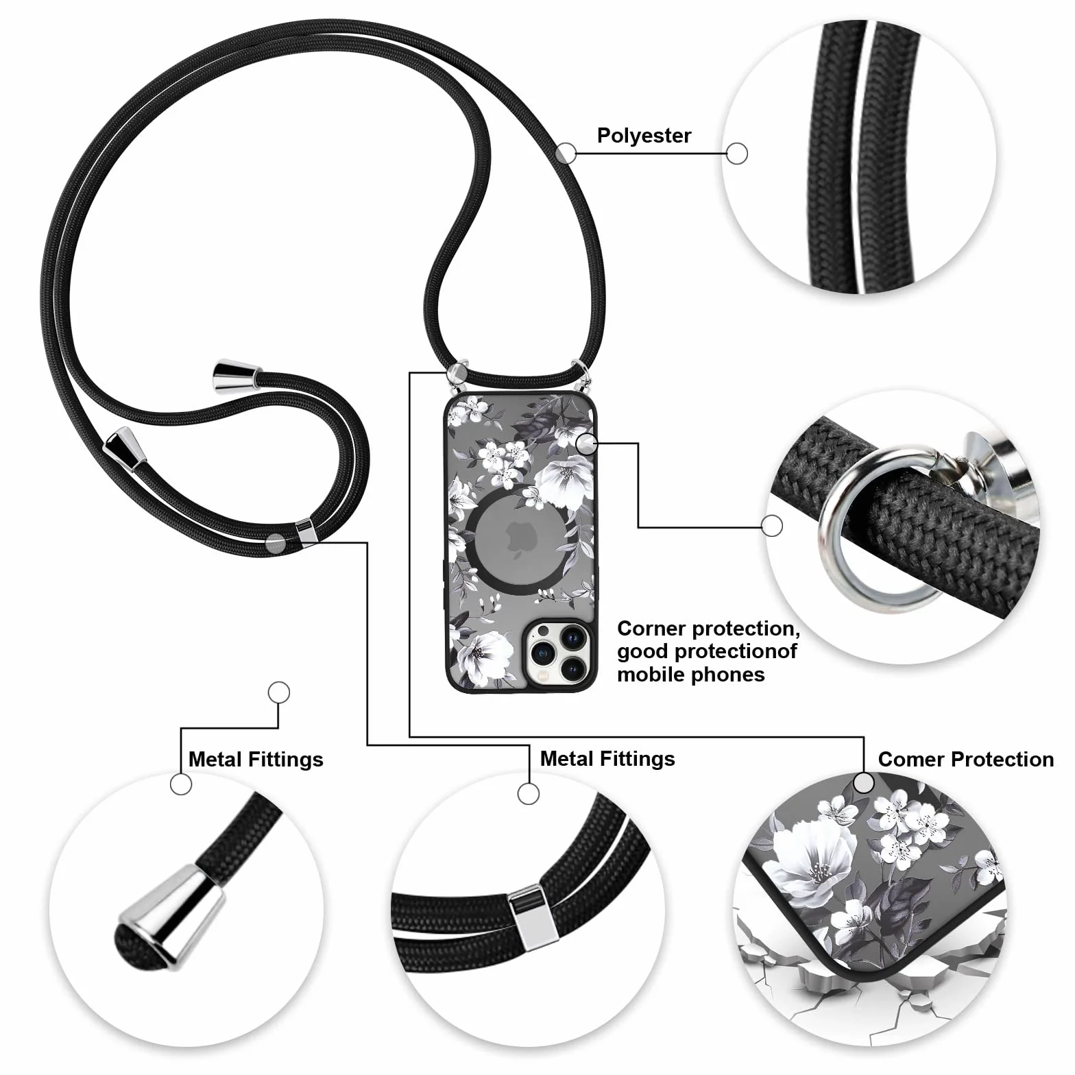 Yoedge Magnetyczne etui na telefon komórkowy iPhone 16 6,1", etui z paskiem, kompatybilne z MagSafe, wzór w kwiaty, półprzezroczyste etui ze sznurkiem, matowe, silikonowe TPU, odporne na uderzenia