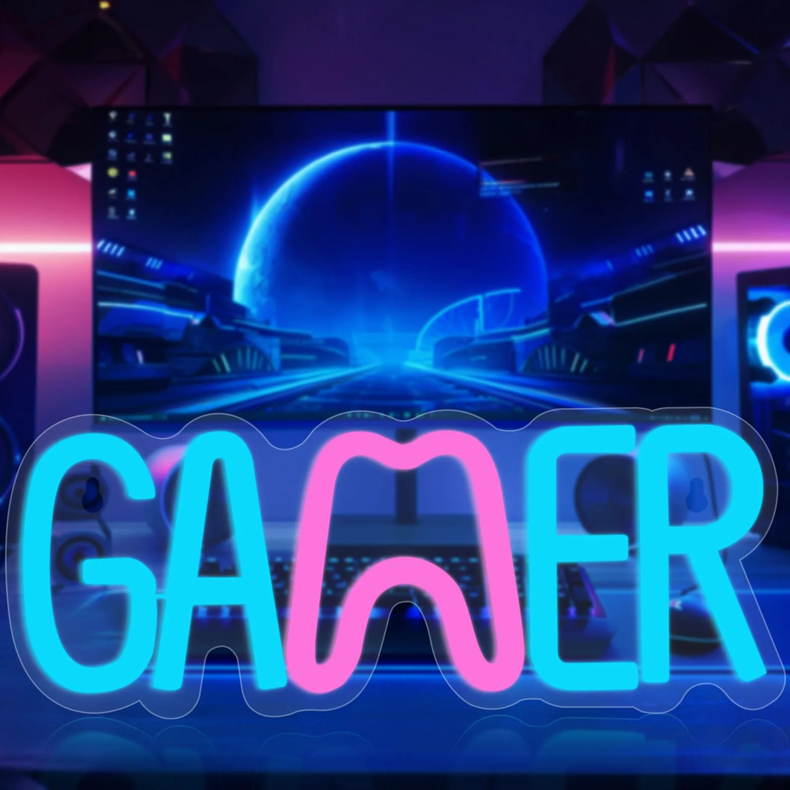 HOTUT Podświetlany Znak Gier Neon LED, Świetlna Dekoracja Ścienna (Gaming Neon/Napis), Nowoczesne Oświetlenie do Pokoju Gracza, Tło do Streamowania