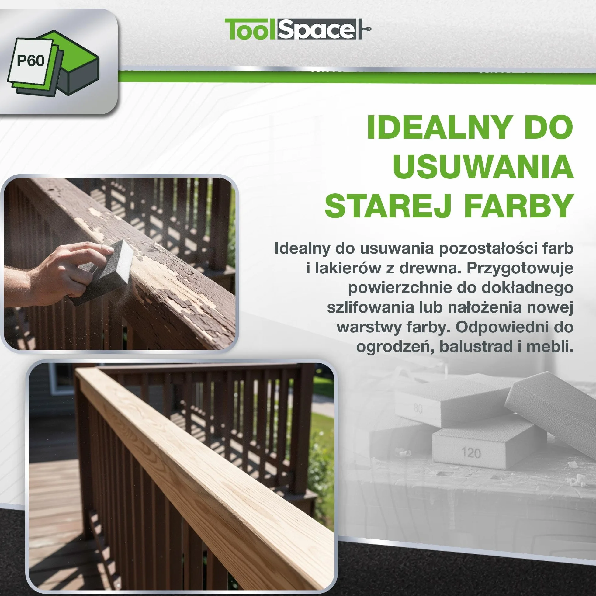 ToolSpace 6x Kostka ścierna Twarda gradacja 60 Gąbki Szlifierskie Set Gąbek Ściernych do Polerowania Ponowne Użycie Wysoka Trwałość Czyszczenia Wygładzenia Drewna Metalu Lakieru Tworzyw sztucznych