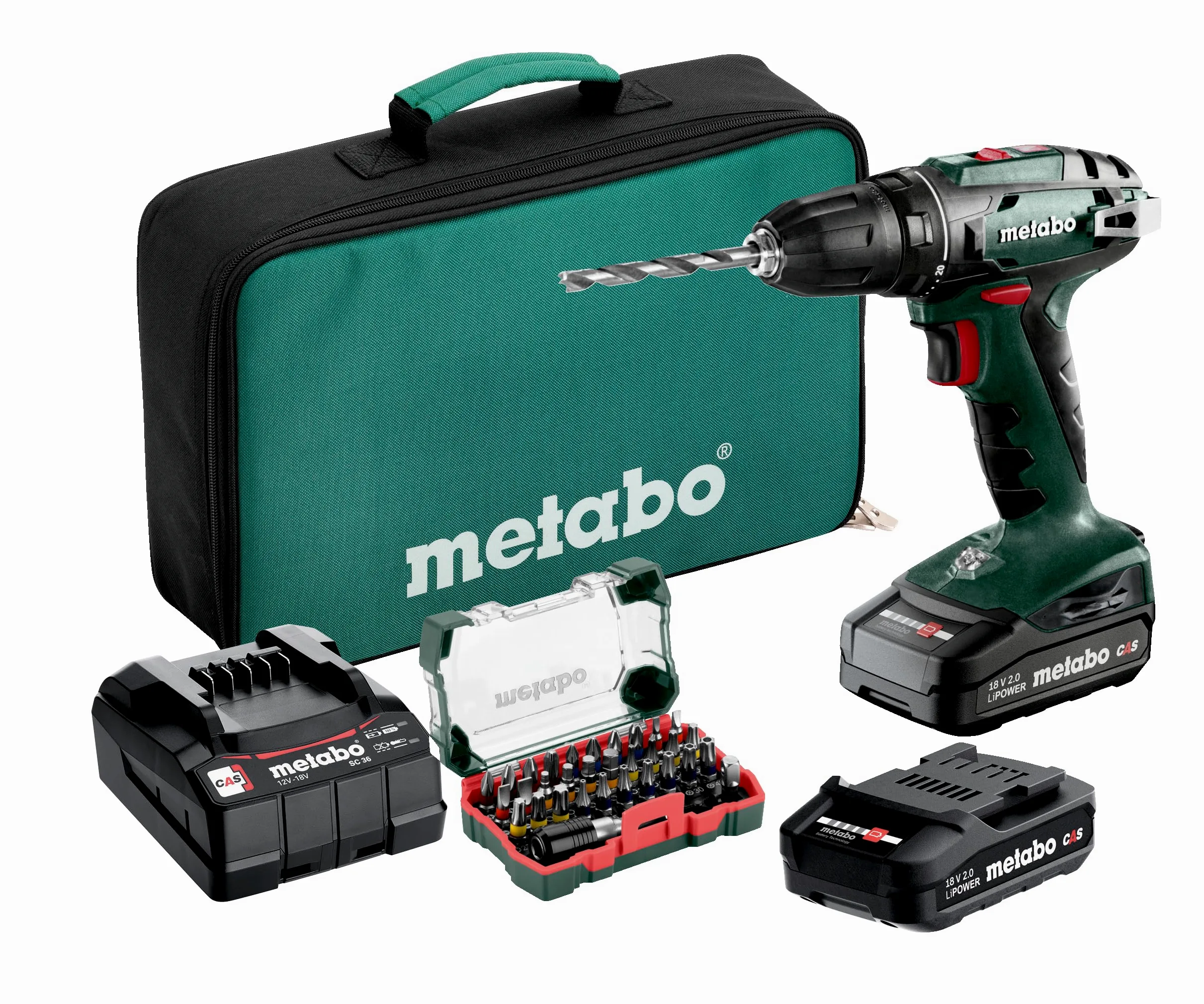 Metabo akumulatorowa wiertarko-wkrętarka BS 18 – 602207930 – 18 V – Z 32-częściowym zestawem bitów – W zestawie dwa akumulatory i ładowarka
