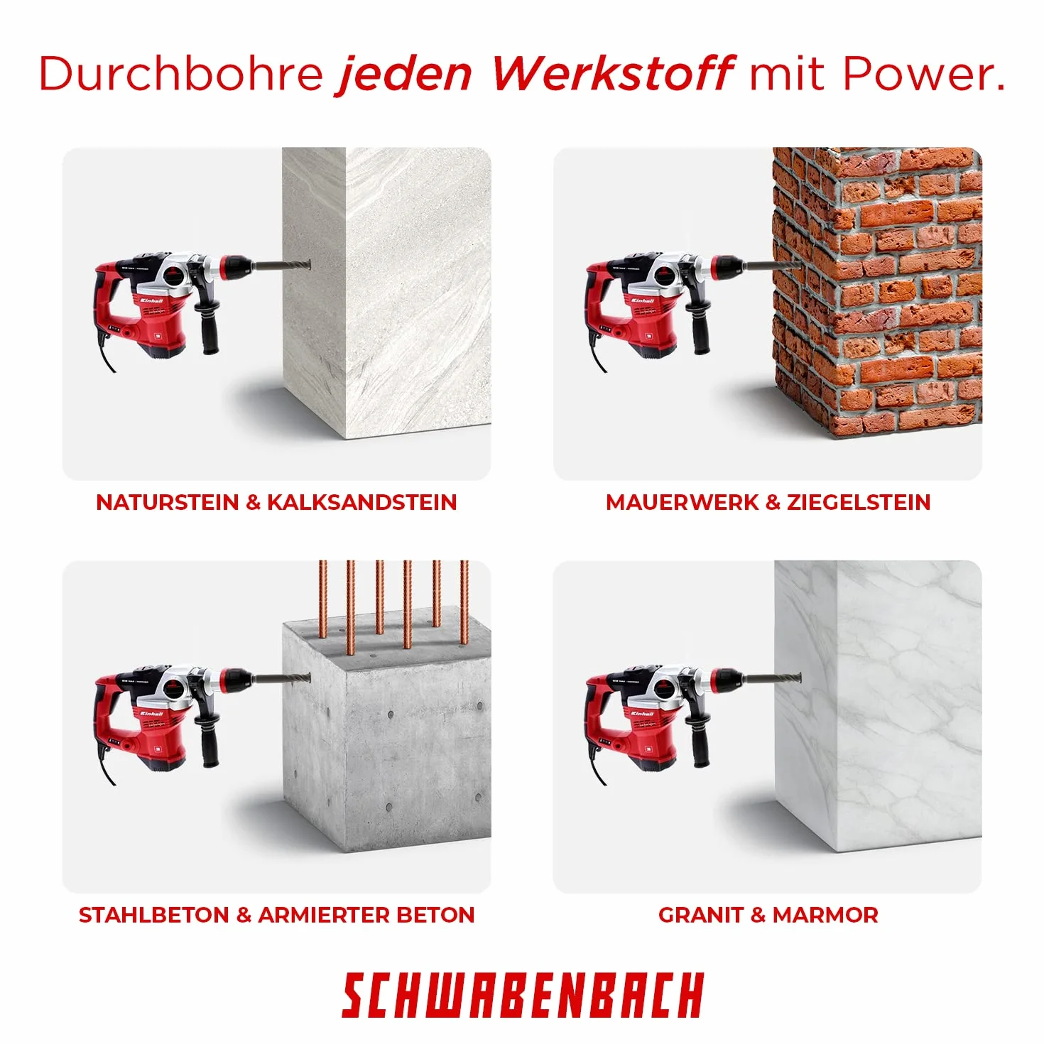 SCHWABENBACH® SDS PLUS 7-częściowy zestaw wierteł do betonu - Super SDS zestaw wierteł - 5 6 8 10 12 x 210 mm - wiertło do kamienia kompatybilne z wiertarką udarową Bosch Hilti - jakość premium do