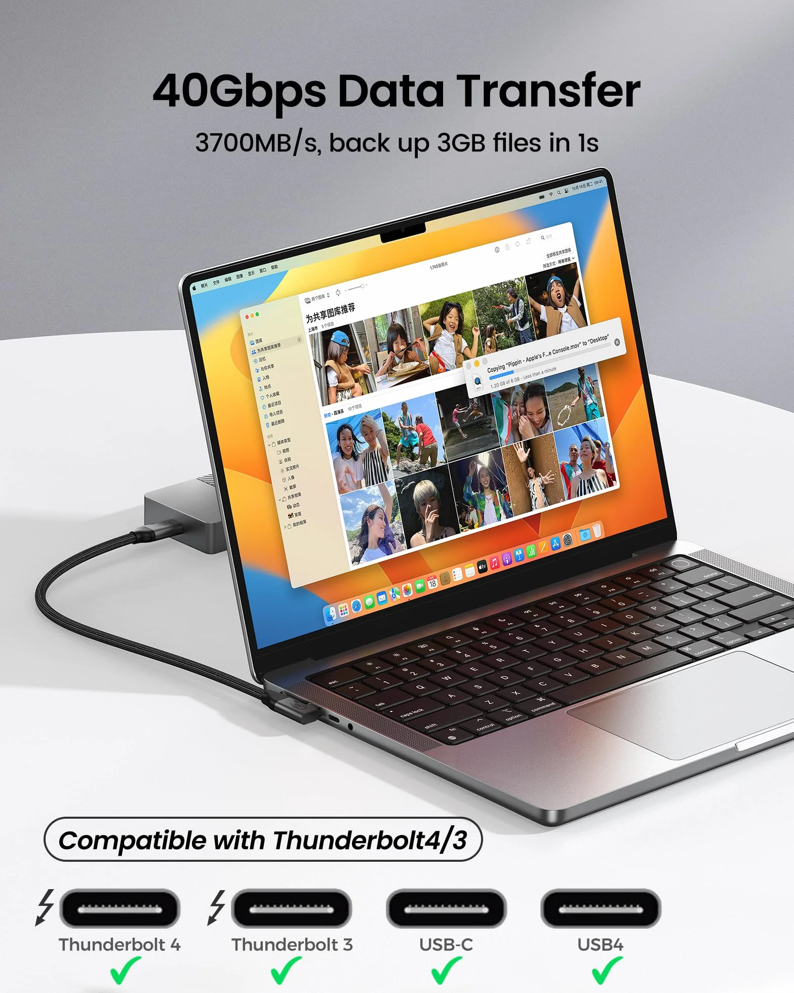 Silkland USB4 Thunderbolt 4 1M Kątowy Kabel 40Gbps 240W 90 Stopni 8K@60Hz USB C do USB C do iPhone 16/15 Pro Max MacBook Pro iPad Pro